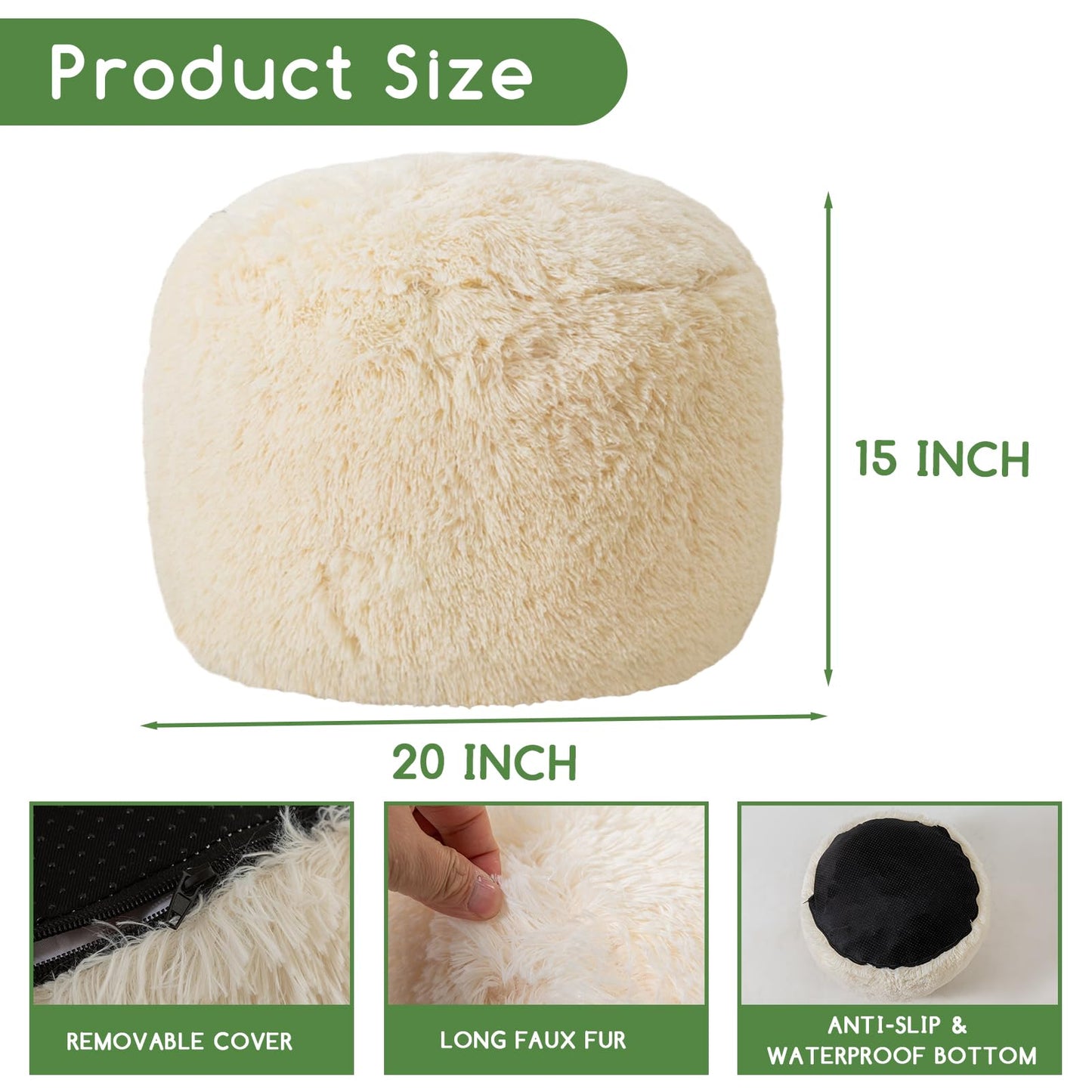 HIGOGOGO Round Stuffed Pouf Ottoman, Long Faux Fur Poufs with Foam Chunk Filling, Fluffy and Furry Pouf Foot Stool Storage Ottoman, 20 X 15 Floor Poufs Foot Rest for Living Room, Beige