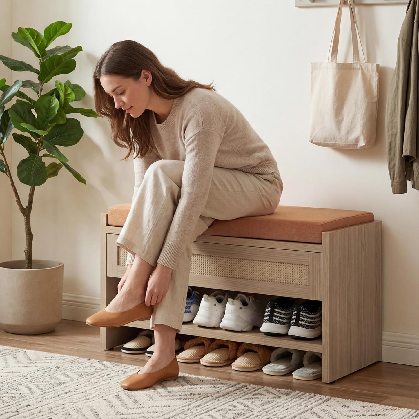 Garvee 32" L Farmhouse Shoe Bench with Storage Drawer & Linen Cushion – Wooden Entryway Bench with Open Shelf for Hallway, Bedroom & Living Room Organization,Light Oak