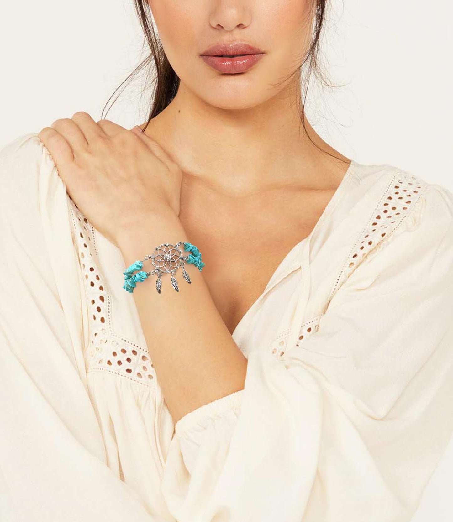 DOLIOX Boho Genuine Turquoise Bracelet for Women Western 925 Sterling Silver Gemstone Dream Catcher Bracelet Jewelry for Wife Mom Her