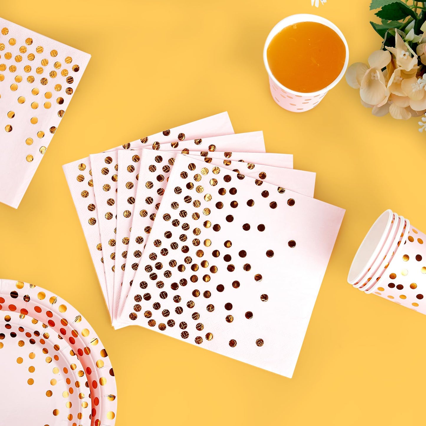 Pink and Gold Party Supplies - 350 PCS Disposable Dinnerware Set - Pink Paper Plates Napkins Cups, Gold Plastic Forks Knives Spoon for Graduation, Birthday, Thanksgiving, Cocktail Party