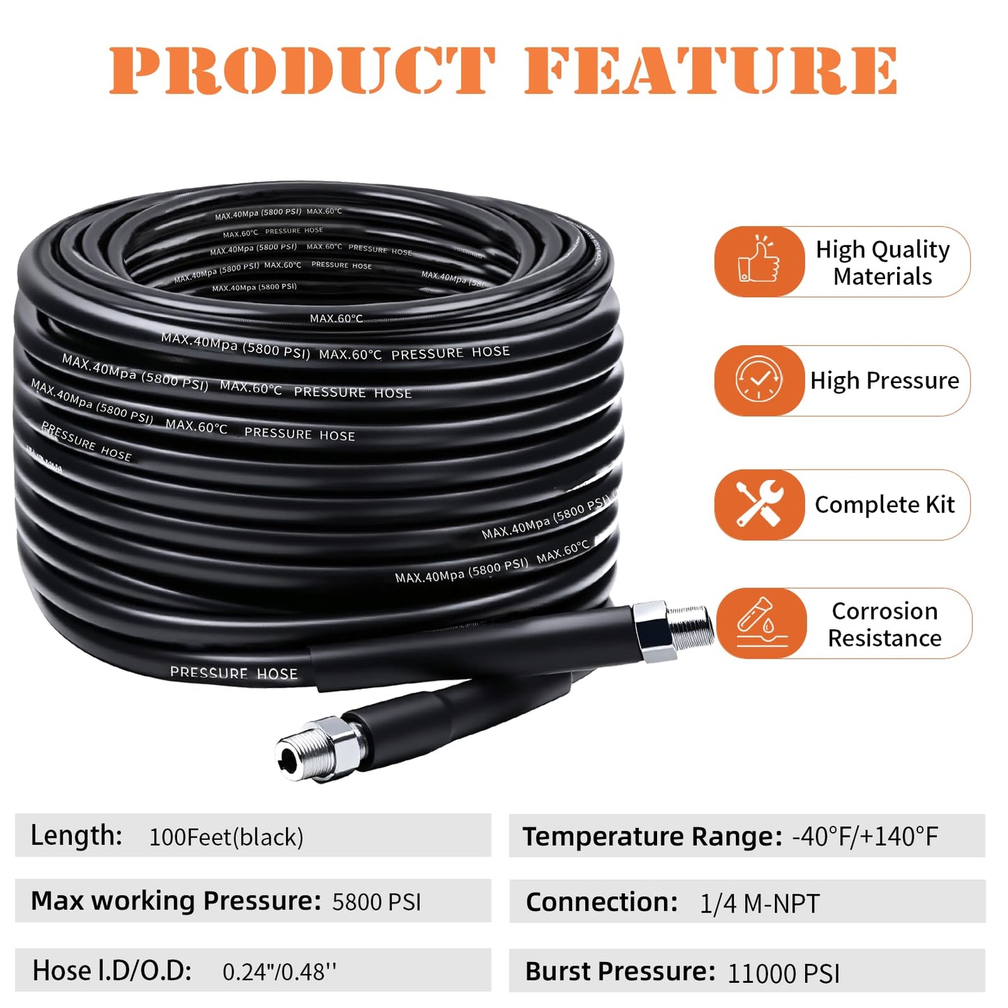 Sewer Jetter Kit for Pressure Washer, 100FT Drain Cleaner Hose 5800PSI with 1/4 Inch NPT Corner, Rotating Nozzle and 4 Different Button Nose Sewer Jet Nozzles, Waterproof Tape and 2 Spanners (Black)