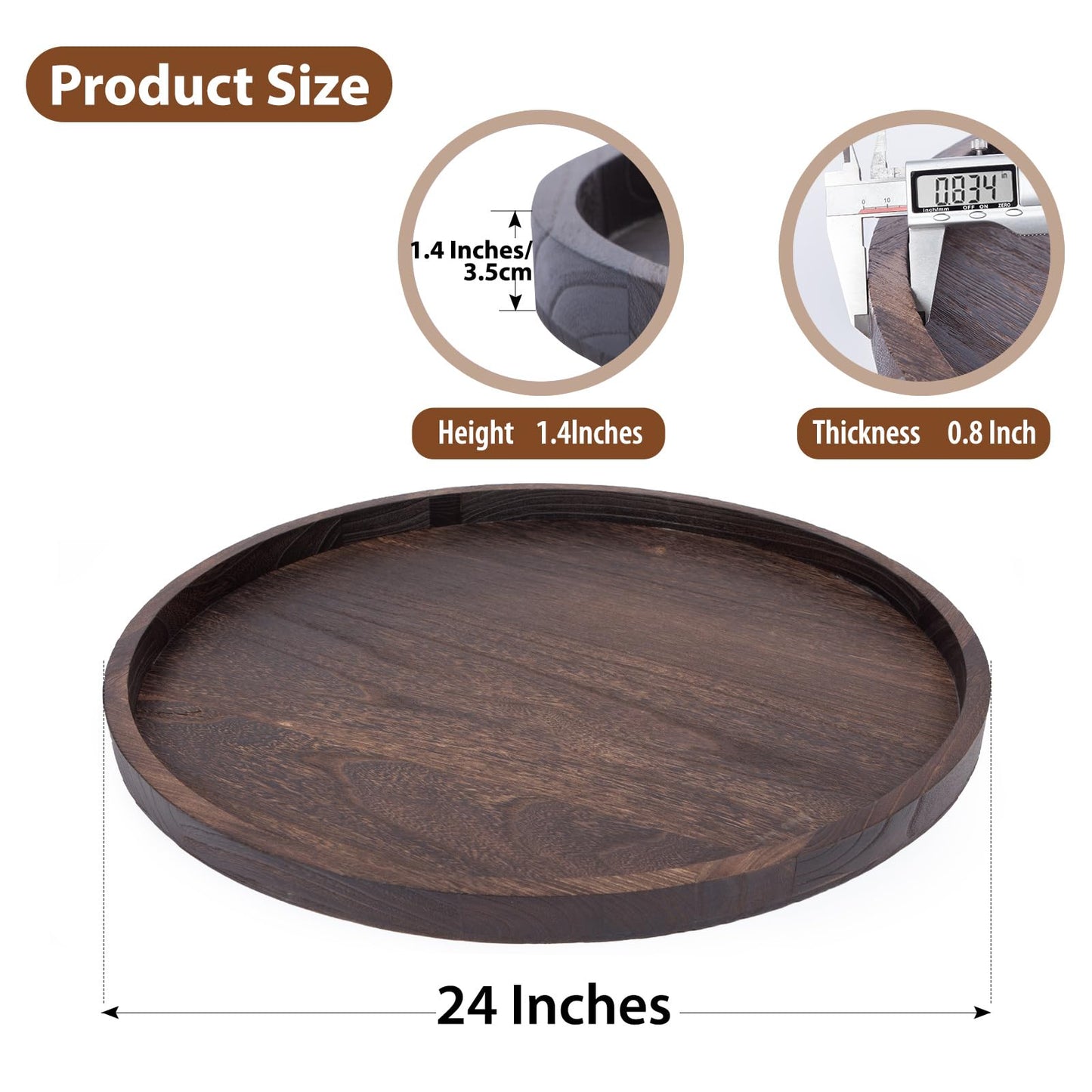 Round Ottoman Tray for Coffee Table Living Room Wood Serving Tray Large Wooden 24 Inches Rustic Brown
