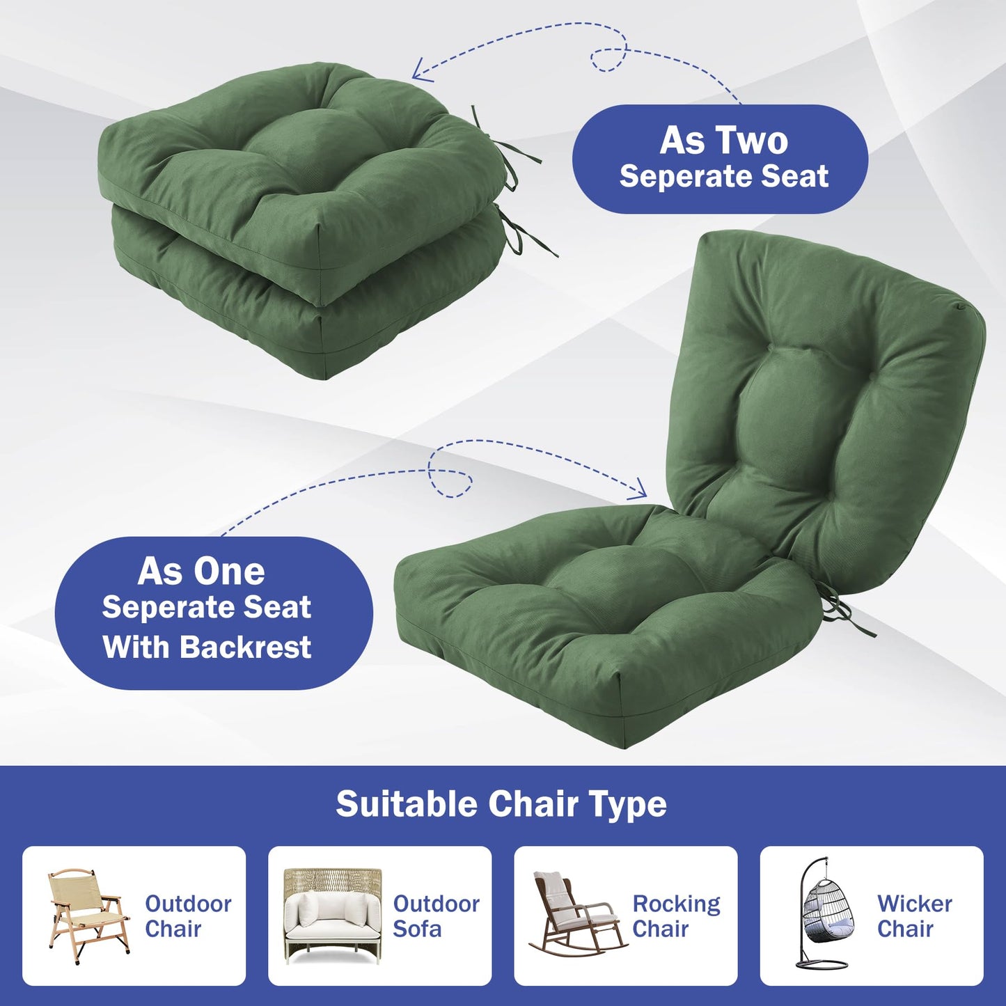IPYNBAP Outdoor Chair Cushions Set of 2, Patio Chair Cushions with Ties, 19x19+5” Tufted Outdoor Seat Cushions, Waterproof Patio Furniture Cushions, Outdoor Dining Chair Pads, Forest Green