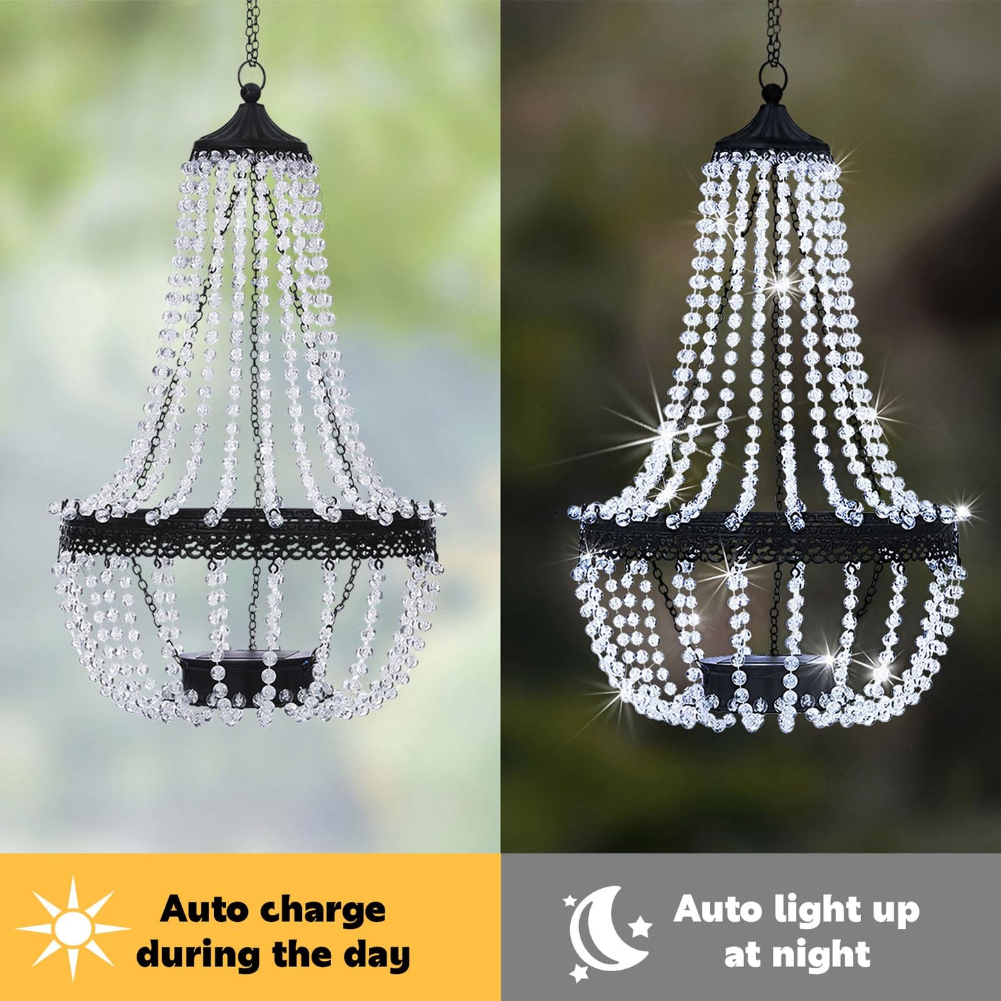 Hanging Solar Chandelier Outdoor Lantern, 30 Cool White Lights Acrylic Clear Beaded Chandelier with S Hooks Modern Lantern for Garden Yard Patio Gazebo Decorations, 28”H
