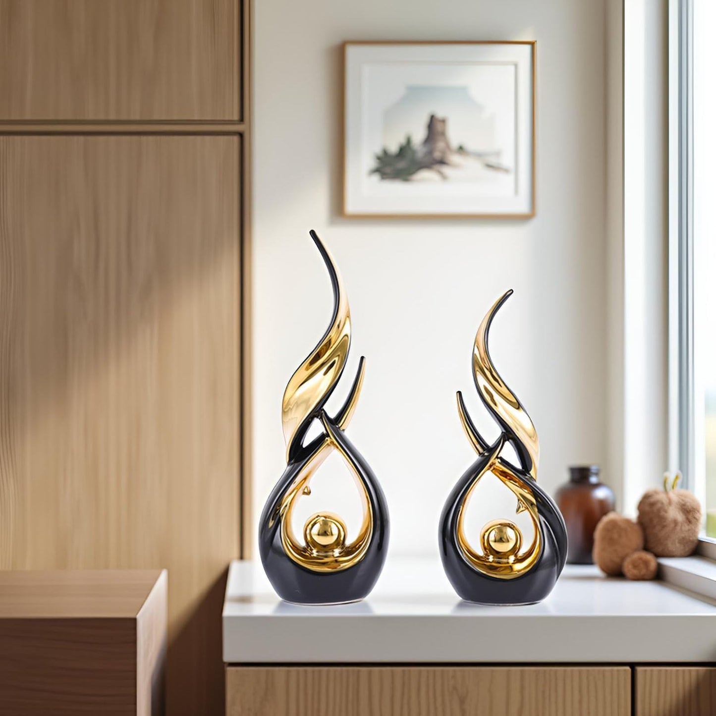 XMGZQ Gold Ceramic Abstract 2 Piece Statue Set,Mid Century Modern Abstract Art Home Decor Statue Mantelpiece on Unique Shelf Decor, TV Cabinet Divider Table top and Dining Table Centerpiece (Black)