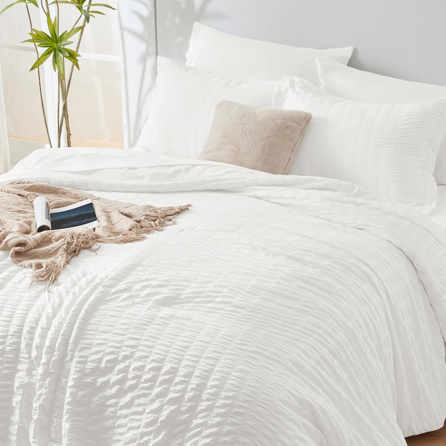 CozyLux Queen Comforter Set White Seersucker 7 Pieces Bed in a Bag Queen Comforter Set with Sheets, Luxury Soft Bedding Set with Down Alternative Comforter, Sheets, Pillowcases & Shams for All Seasons
