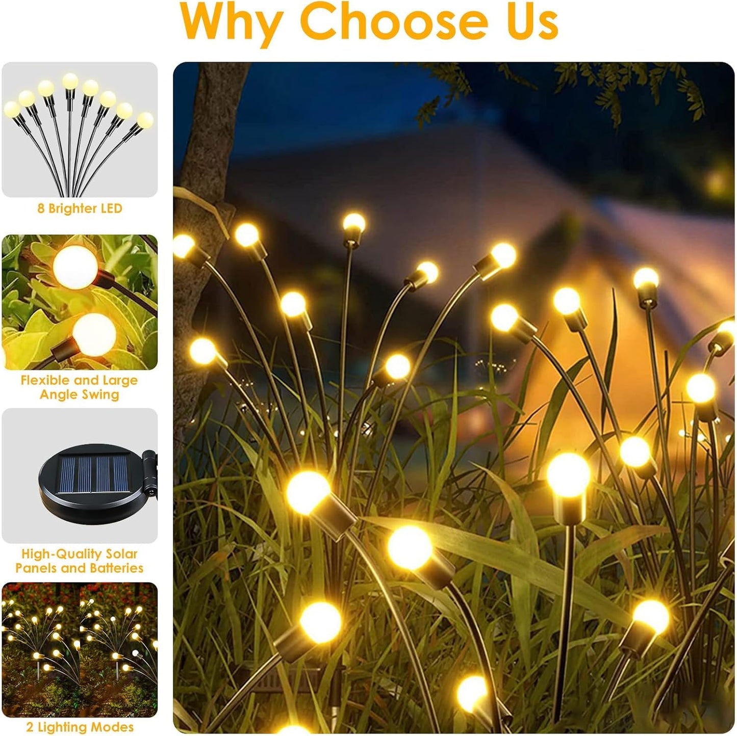 Solar Garden Lights, 8 Pack 64LED Solar Firefly Lights, Waterproof Garden Light Outdoor with 2 Lighting Modes, Swaying Light for Outside Yard, Walkway, Patio, Lawn, Flower Bed Decoration (Warm White)