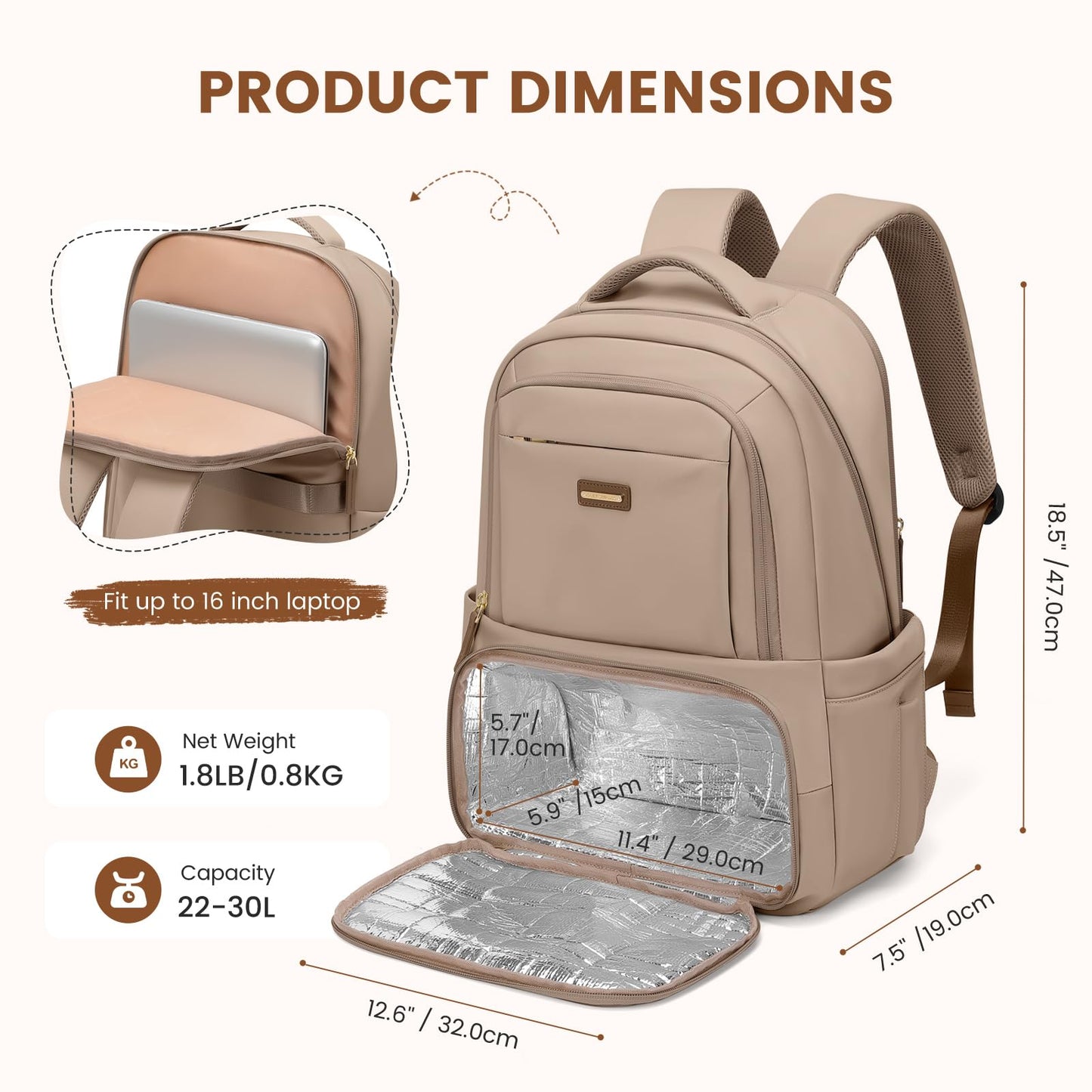 GOLF SUPAGS Lunch Backpack 16 Inch Laptop Backpack with Insulated Cooler Lunch Box Food Bag for College Work Camping Picnics (Champagne)
