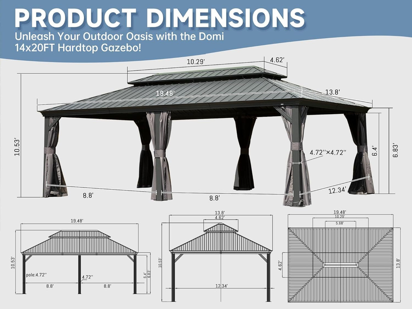 Domi 14'x20' Outdoor Gazebo, Hardtop Gazebo with Aluminum Frame, Heavy Duty Pavilion Gazebo for Patio Deck Backyard,Curtain and Netting, Grey