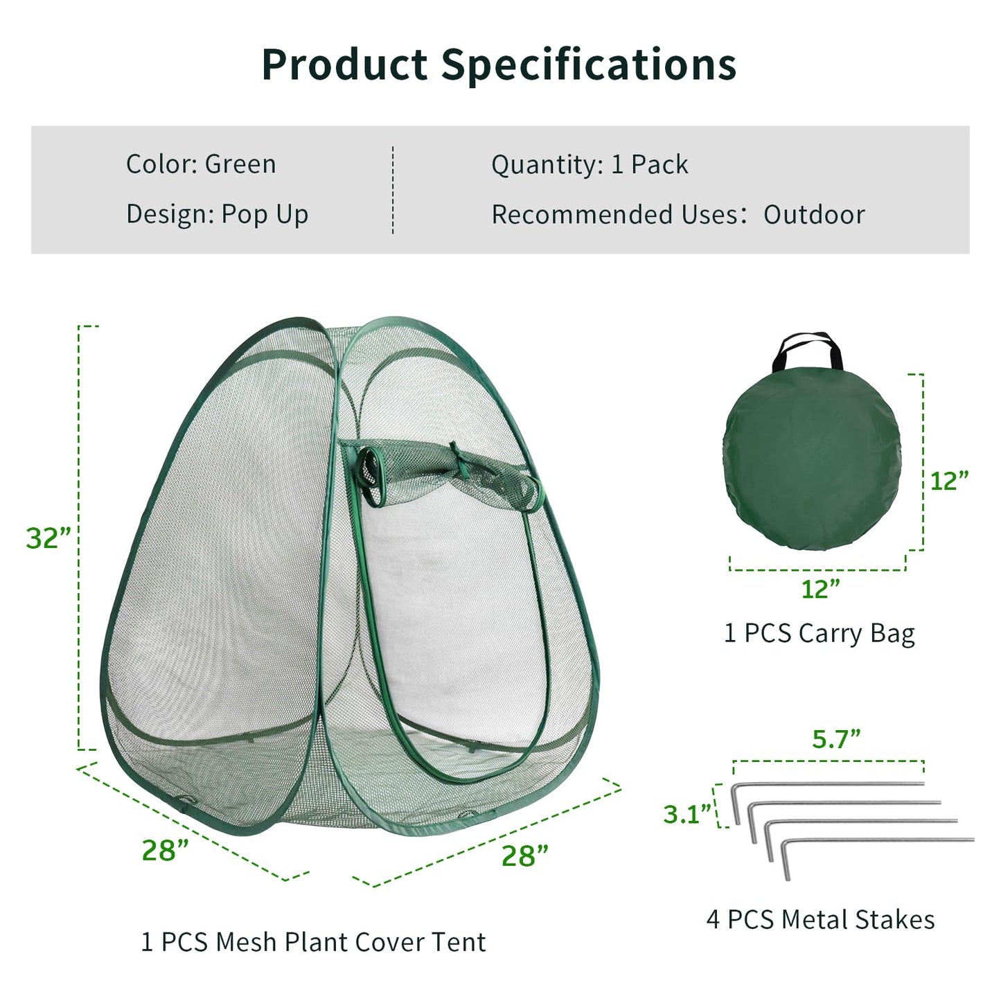 1PC Large Mesh Plant Protector Tent from Animals, 28X28X32Inch Pop Up Garden Netting Cover Green Crop Cage Plant Protection Tent to Protect Outdoor Potted Plants Flowers Fruits from Deer Birds Rabbit