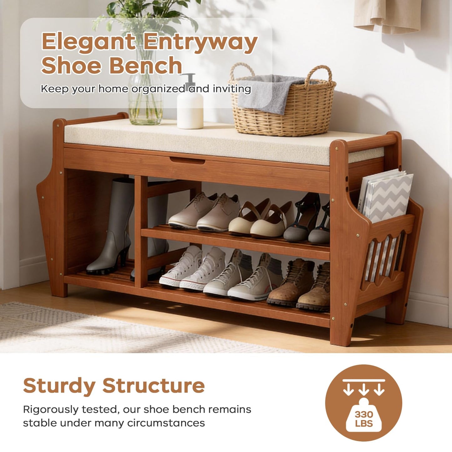 oakvivo 39.4in Shoe Bench with 2 Side Holder, 3 Tier Bamboo Entryway Bench with Storage, Shoe Rack Bench Organizer with Cushion for Entryway Hallway Living Room, Holds up to 330lbs
