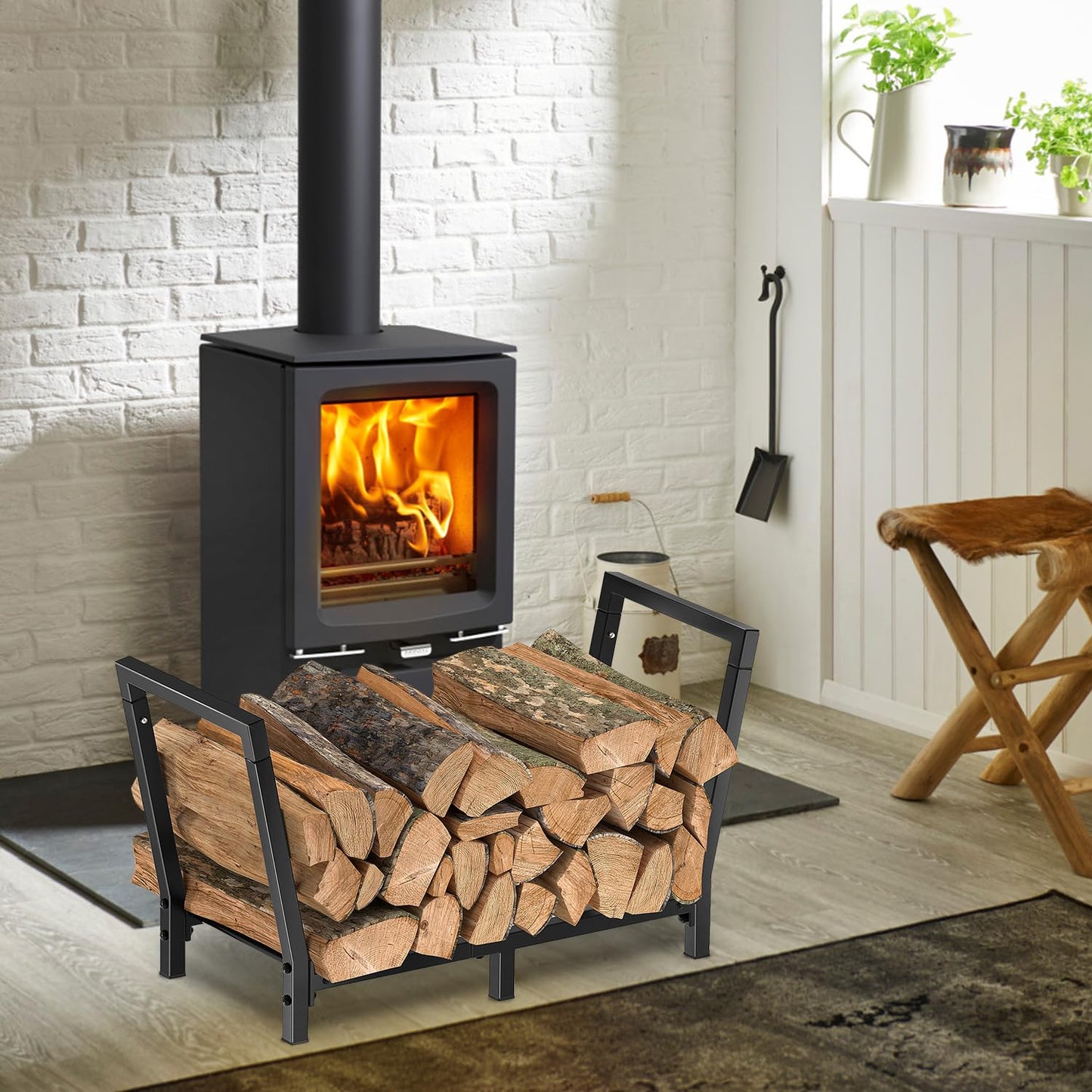 Minicloss 34 Inch Firewood Rack Outdoor Indoor, 2.7ft Wood Storage Rack Stand, Heavy Duty Fire Wood Holder for Fireplace（Black）