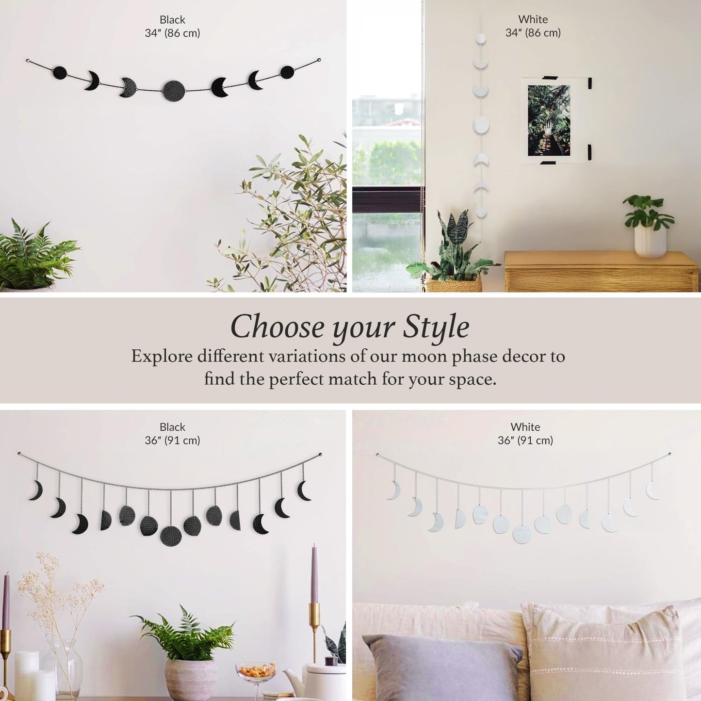 BASE ROOTS Moon Phase, Black Wall Decor for Bedroom & Living Room, Bohemian Wall Decor, Handmade Hammered Metal 36" 13 Phases Moon, Celestial Wall Art, Gift for Women & Kids
