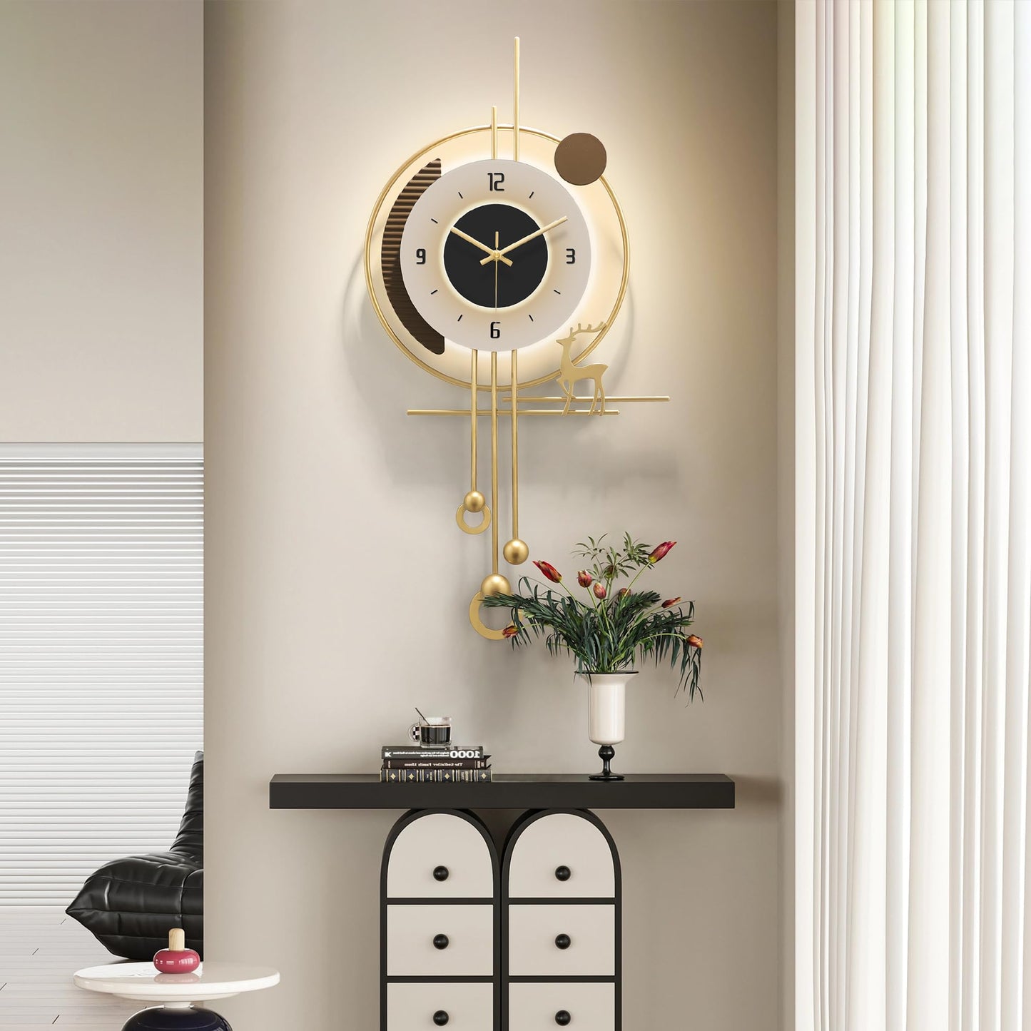 HEBOIX Modern Wall Clock for Living Room,Large Gold Decorative Wall Clock with Light,Creative Silent Clock Battery Operated for Kitchen/Entryway/Bedroom/Office/Dinning Room Metal Wall Decor