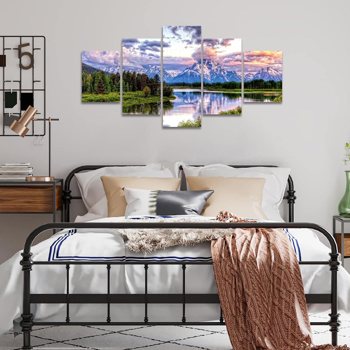 SKASNFAI 5 Pieces Mountain Grand Teton Canvas Paintings Nature Scenery Pictures Posters American National Park Landscape Wall Art Framed Decor Ready to Hang (60Wx32H)
