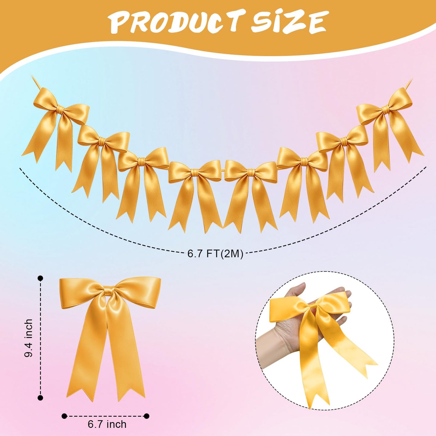 1 String of 8PCS Golden Bow Garland Banner Decoration,Pre-Strung Satin Ribbon Ornaments for Birthday,Bachelorette Party,Bridal Shower,Wedding,Engagement,Baby Shower,Graduation Decor,Anniversary