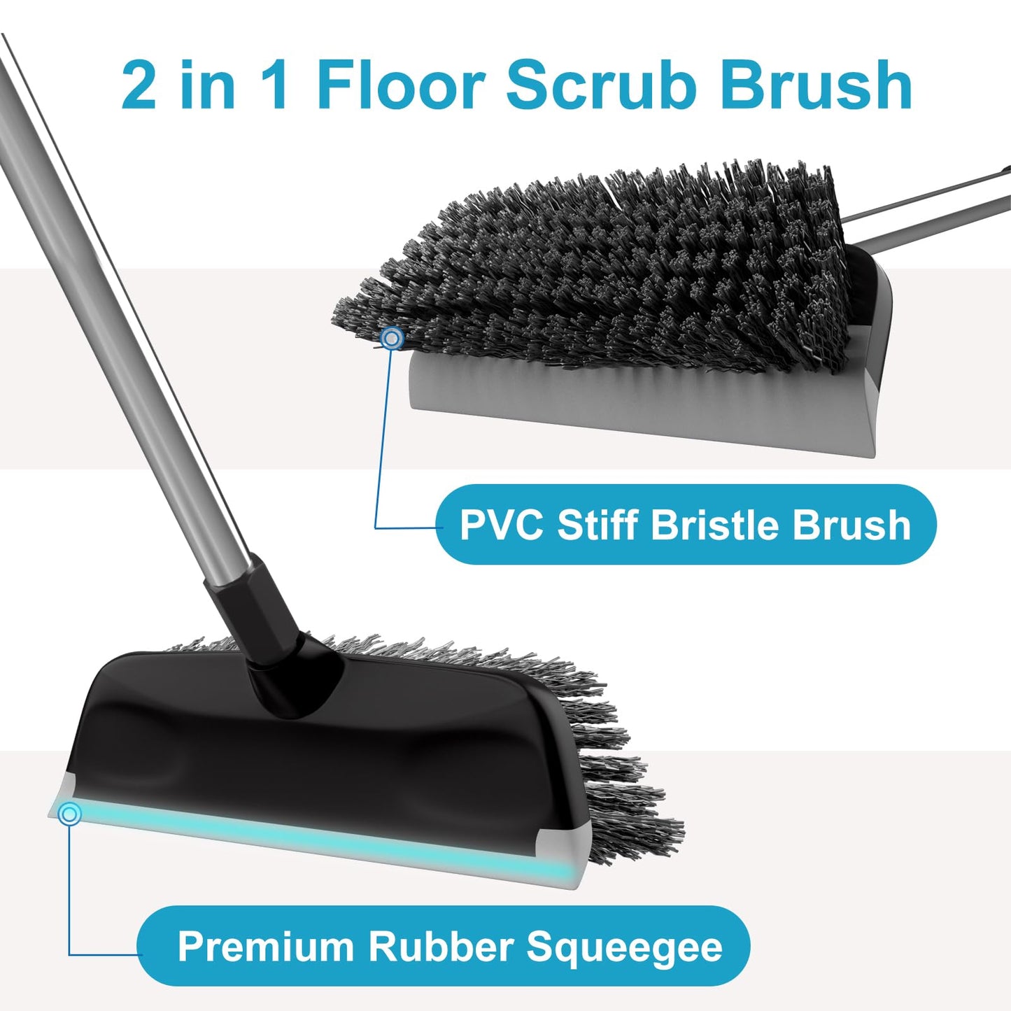 ITTAR Floor Scrub Brush with 55" Long Handle, 10" Wide Stiff Bristles Deck Brush, Stainsless Steel Pole Heavy-Duty Cleaning Brush, 2-in-1 Scrubber with Ruber Squeegee for Deck, Patio, Pool, Tile, Wall