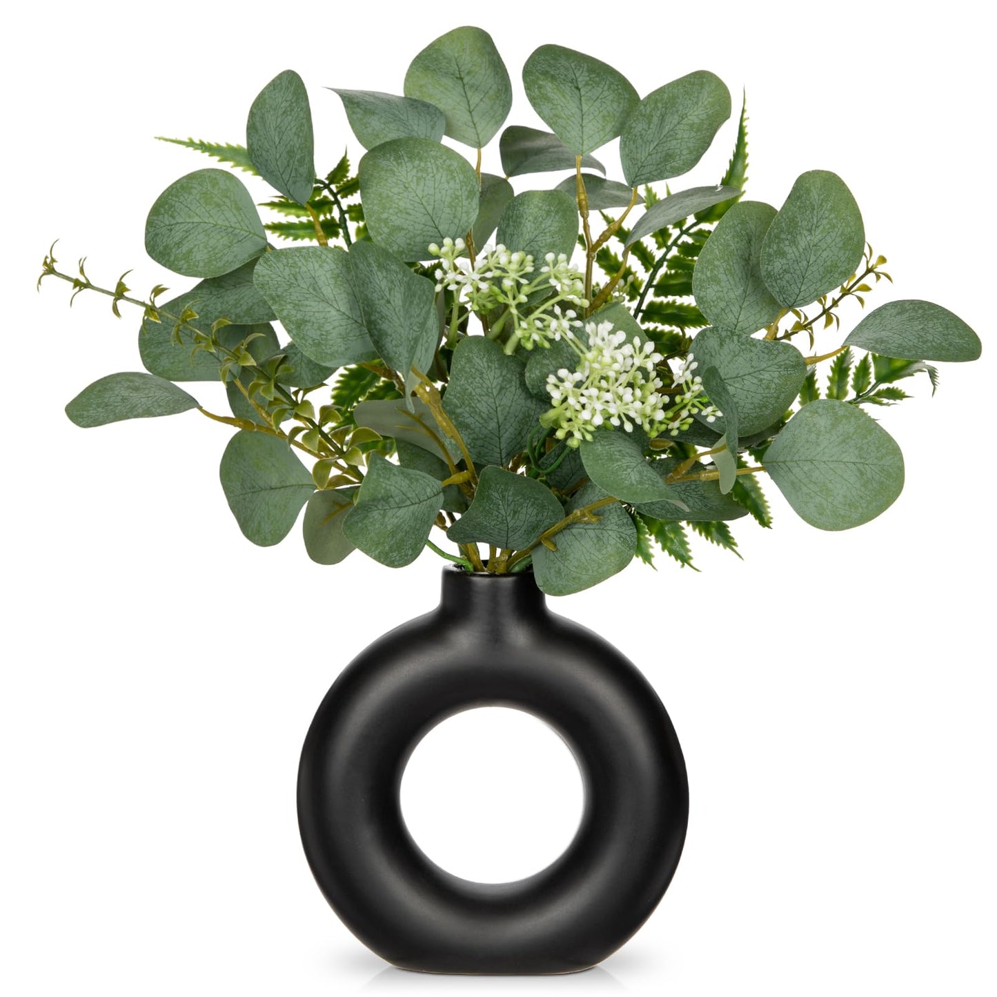 Artificial Eucalyptus Stems in Ceramic Vase 14.23" Fake Eucalyptus Plant Decor Black Donut Vase with Greenery Centerpiece Table Decorations Small Faux Green Plant for Home Farmhouse Wedding Table