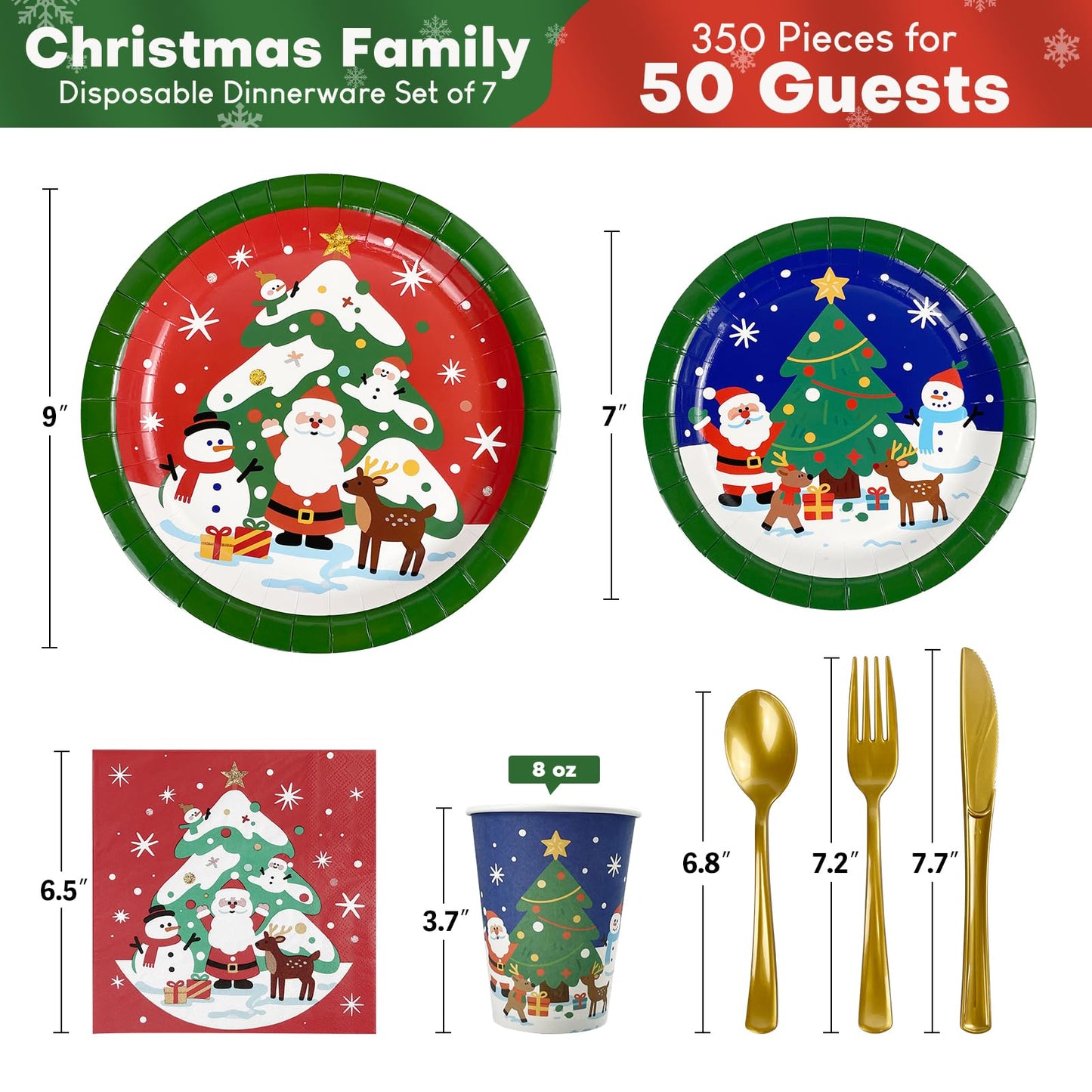 Christmas Paper Plates Disposable w/Napkins Cups & Cutlery, 50 Serves Santa Dinner Plates Sets, Heavy Duty Christmas Plates Disposable Supplies for Family, Winter Holiday Party Decrorations 175 pcs