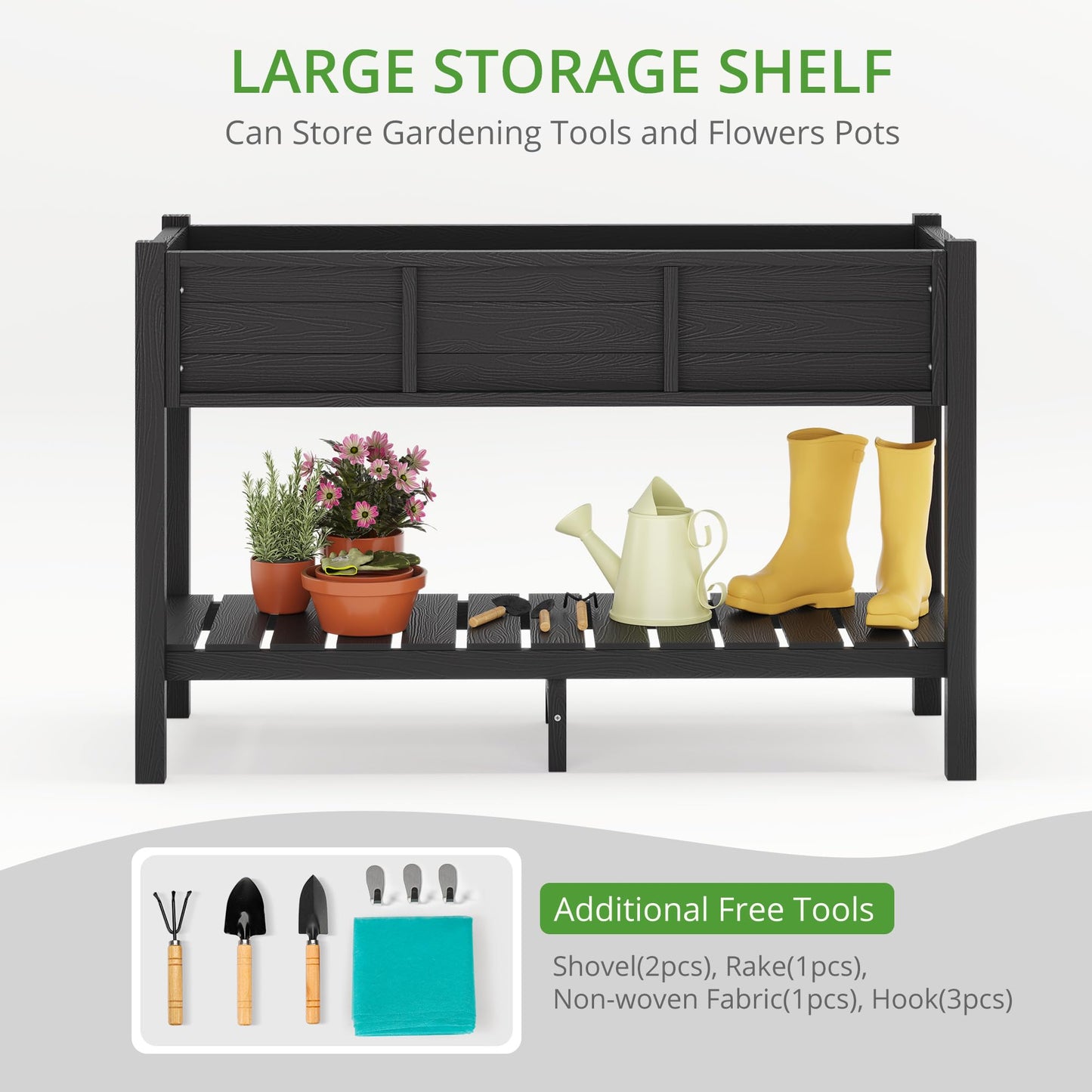 LUE BONA Raised Garden Bed with Tools, 45*18*29 in, Poly Elevated Planter Box with Legs And Storage Shelf, Weather Resistant, 3-Year Warranty, Standing Growing Bed Herb Planter for Vegetable, Black