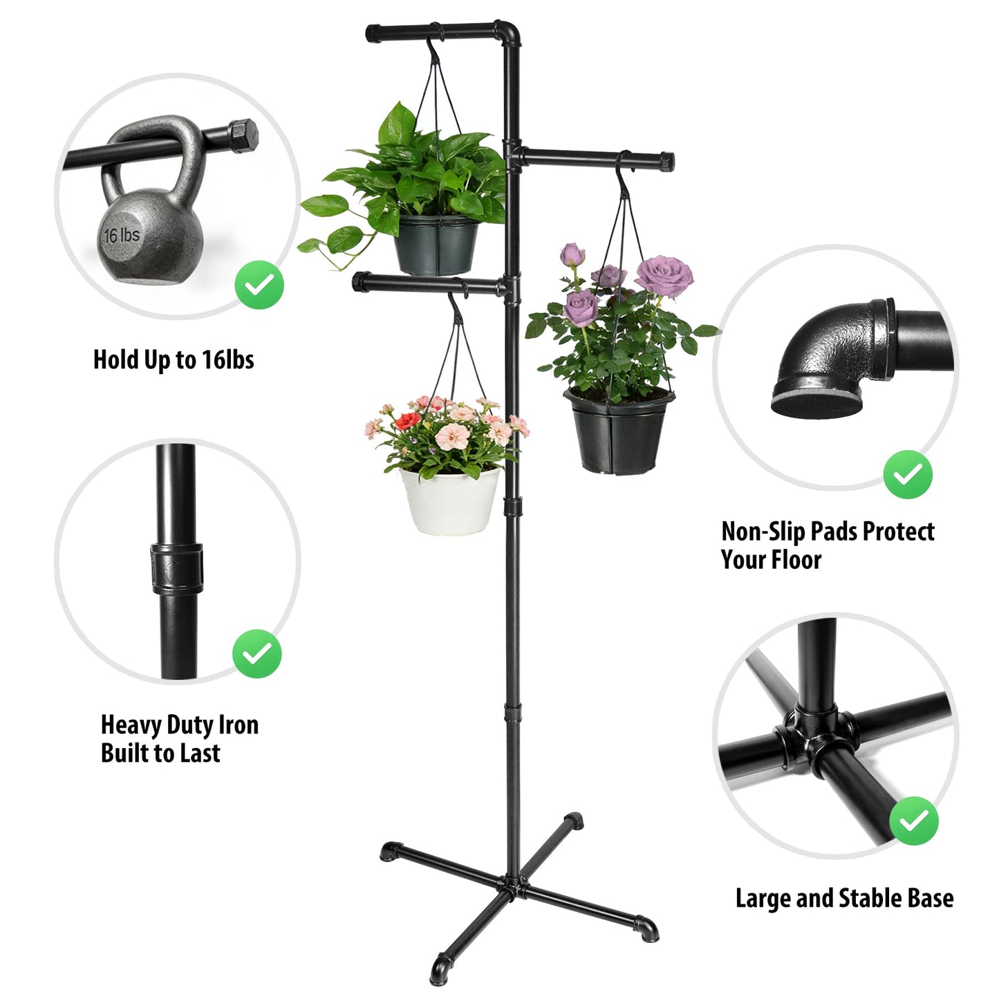 Hjarta Hanging Plant Stand Indoor with 3 Bars, 60 Inch Hanging Basket Stand, Plant Hanger Stand for Balcony, Bedroom, Living Room, Garden