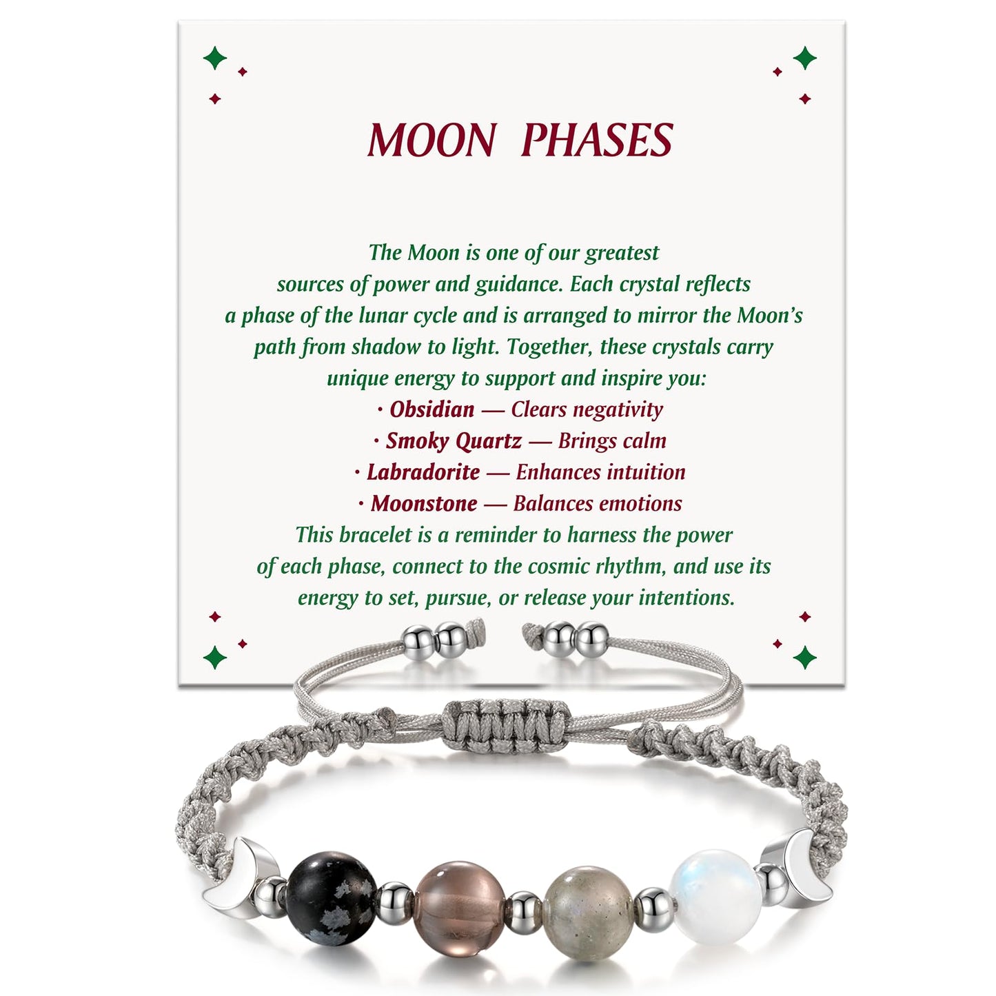 LAVEIR Moon Phase Crystal Healing Bracelet for Women, Natural Stone Beaded Bracelet with Moonstone, Spiritual Bracelets for Intuition, Emotional Balance, Intention Setting, Gifts for Women