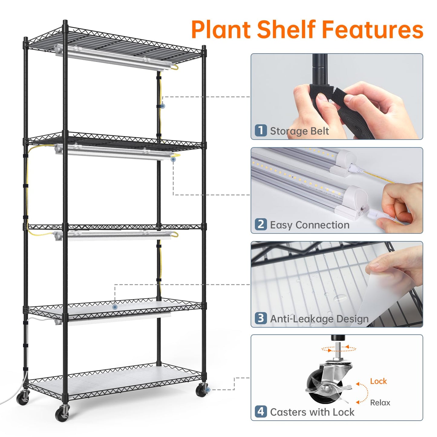 Bstrip Plant Shelf with Grow Light, 5-Tier Plant Stand with T8 24W Grow Light for Indoor Plants with Wheel, Grow Light Shelf with Timer for Indoor Plant, Seedling, Seed Starting, 29.5x13.8x59IN