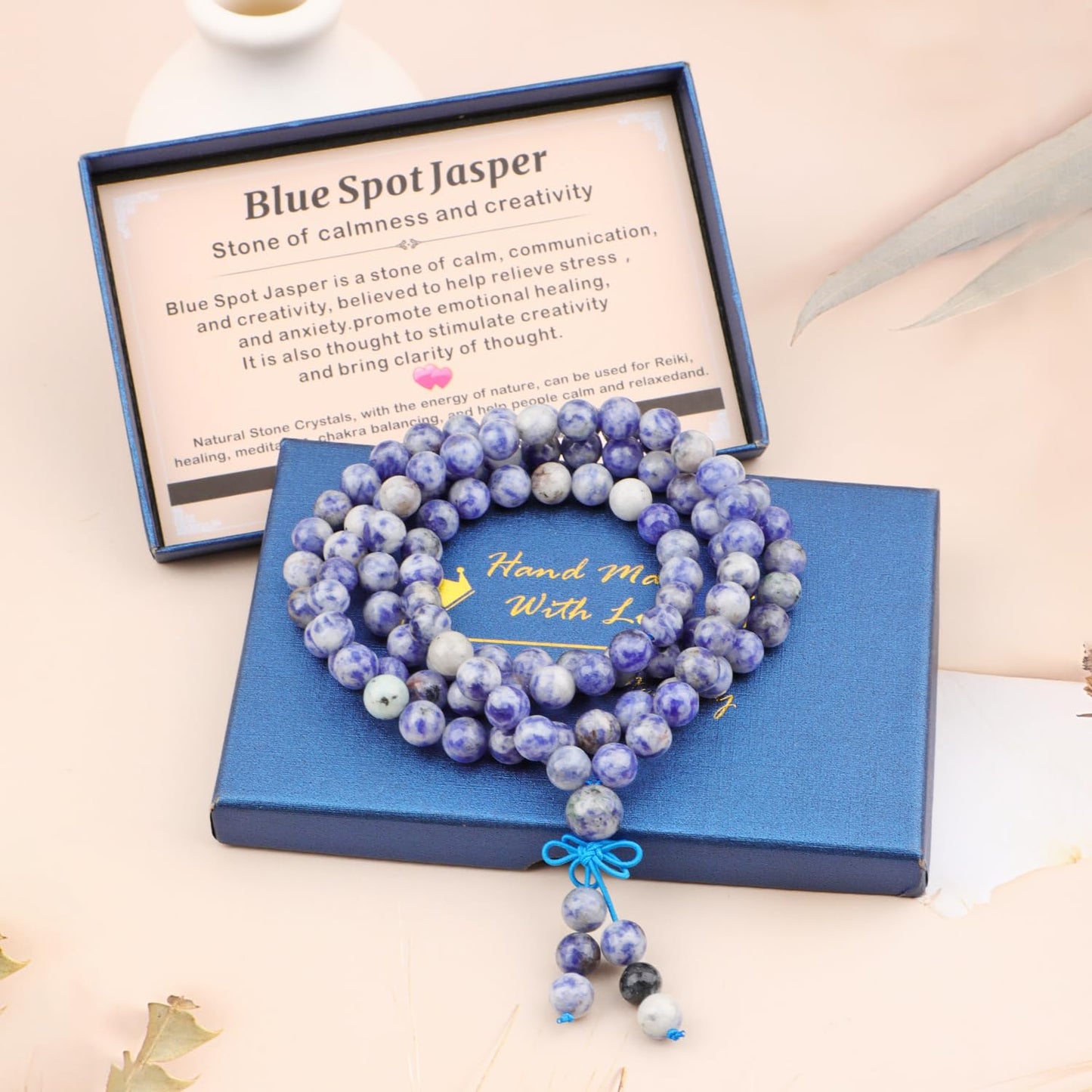 AD Beads 8mm 108 Prayer Mala Blue Spot Jasper Elastic Bracelet - Calmness and Creativity - Handmade Yoga Meditation Healing Power Energy Gifts for Unisex Adult.