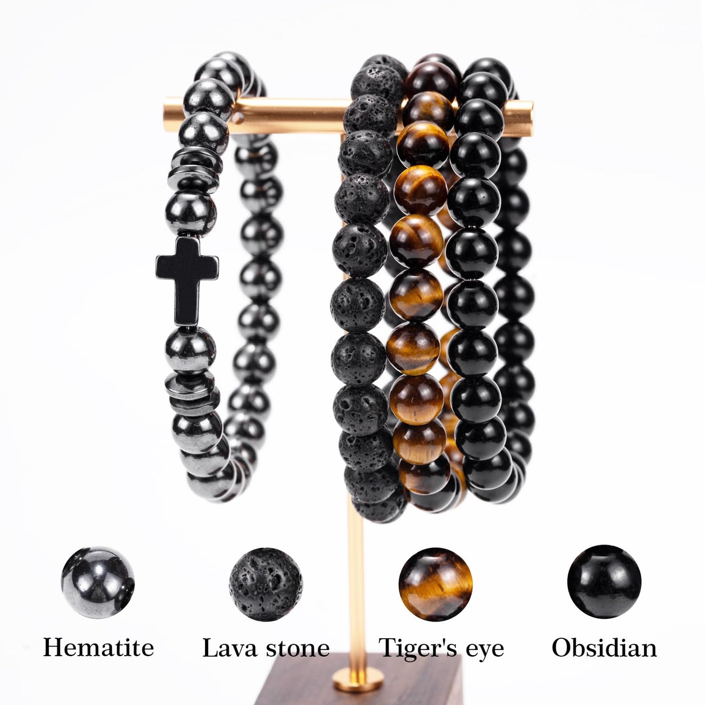 Crystery Men Beaded Bracelets, 8mm Natural Stone Bracelet, Healing Crystal, Jewelry Gifts for men, Triple Protection, Hematite, Tiger Eye, Black Obsidian Beads Bracelets, Lava Rock, Pack of 4
