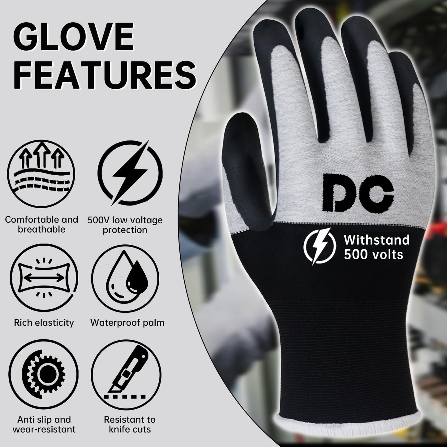 DongChu Insulated Electrician Gloves 500V Touch-Screen Voltage/Flame Retardant Work Gloves, Electrical Rubber Non-slip Texture Design for Electricians Prevent Shock (Large)