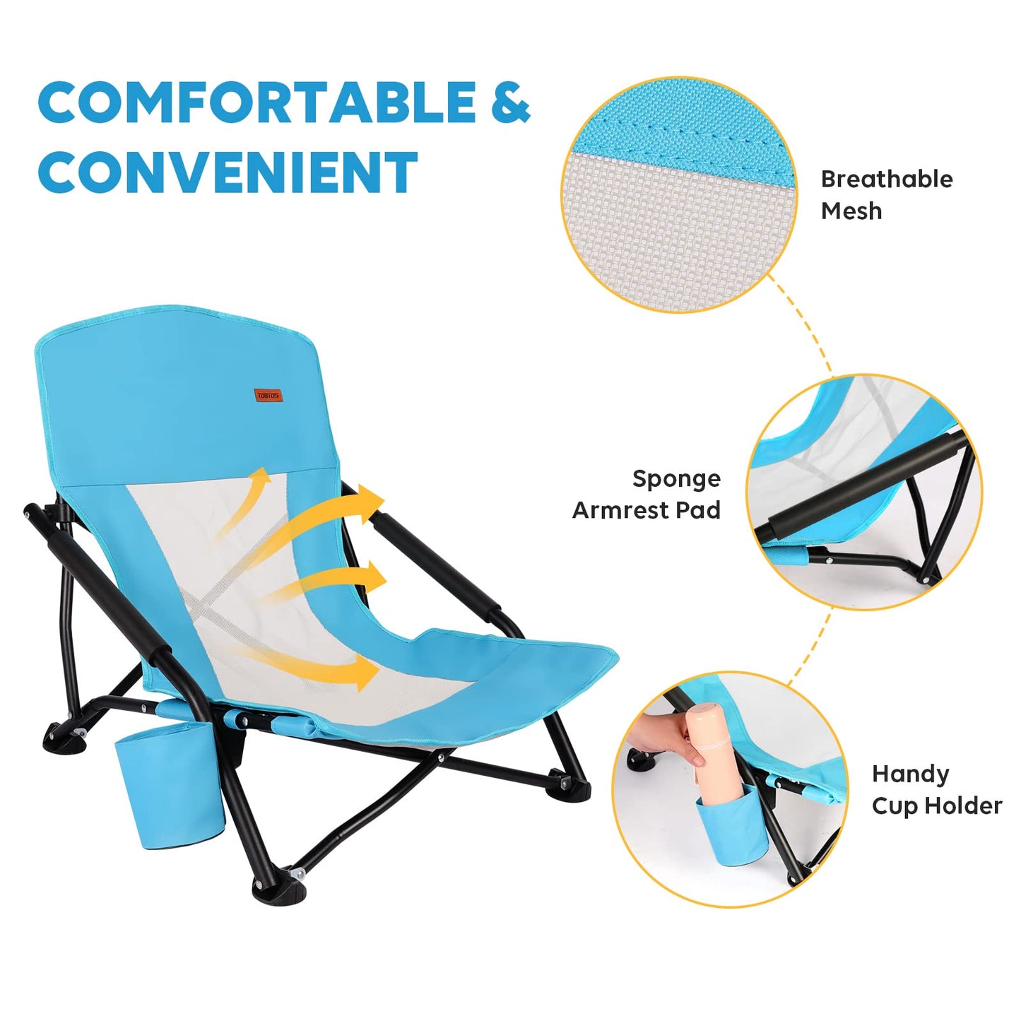 TOBTOS Low Beach Chair for Adults 2 Pack, Low Profile Folding with Cup Holder & Carry Bag, Heavy Duty Chair for Outdoor Sand, Camping, Concert, Travel