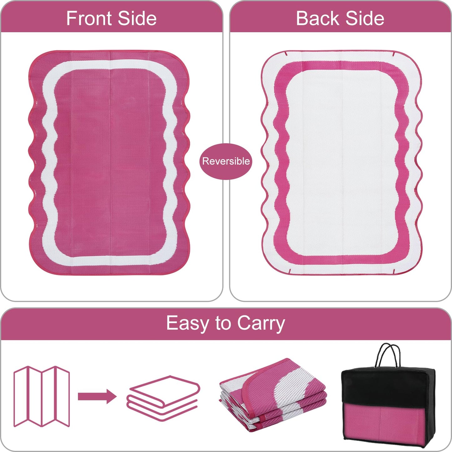 Uphome Outdoor Rug Waterproof 8x10, Large Reversible Pink Scalloped Patio Plastic Straw Rugs, Foldable Modern RV Camping Outside Carpet Mat for Pool Back Yard Deck Picnic, 8 x 10 ft