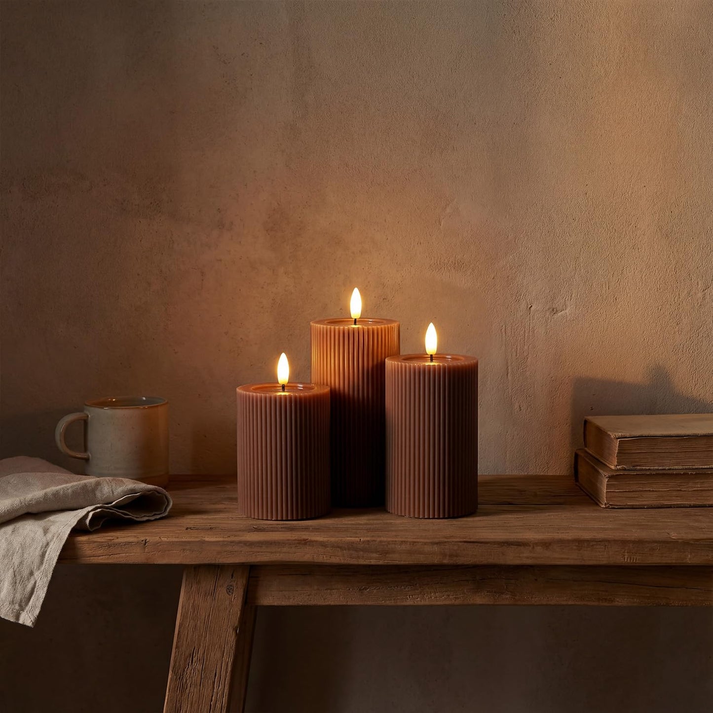 WYZworks Fluted Ribbed LED Pillar Candles, Brown, with Realistic Reflective Melted-Wax Effect – Flickering Flame, Remote, Dimmable, Flameless, Battery Operated, Home & Wedding Decor (Set of 3)