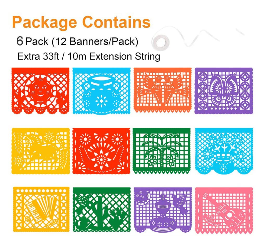 DUNCHATY 6 Pack Mexican Banner - 132Ft(22ft x 6) Papel Picado Fiesta Decorations Cinco de Mayo Día de Muertos Birthday Party Supplies - 12 Patterns with String Waterproof Plastic Indoor Outdoor