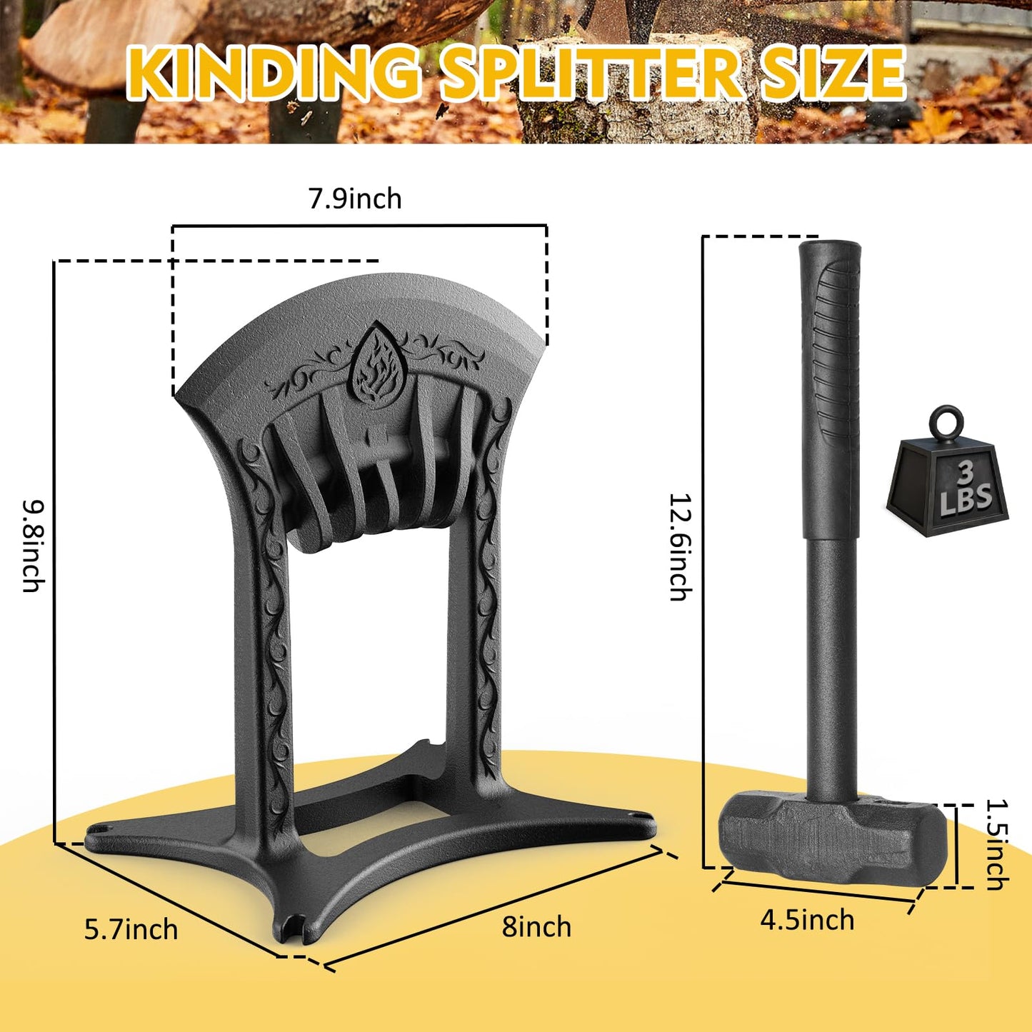 BAYQISI Kindling Splitter for Wood,One-Piece Molding Cast Iron Log Splitter,Manual Wood Splitter with 3 Lbs Sledge Hammer,Firewood Splitter Tool（Medium-Sized）