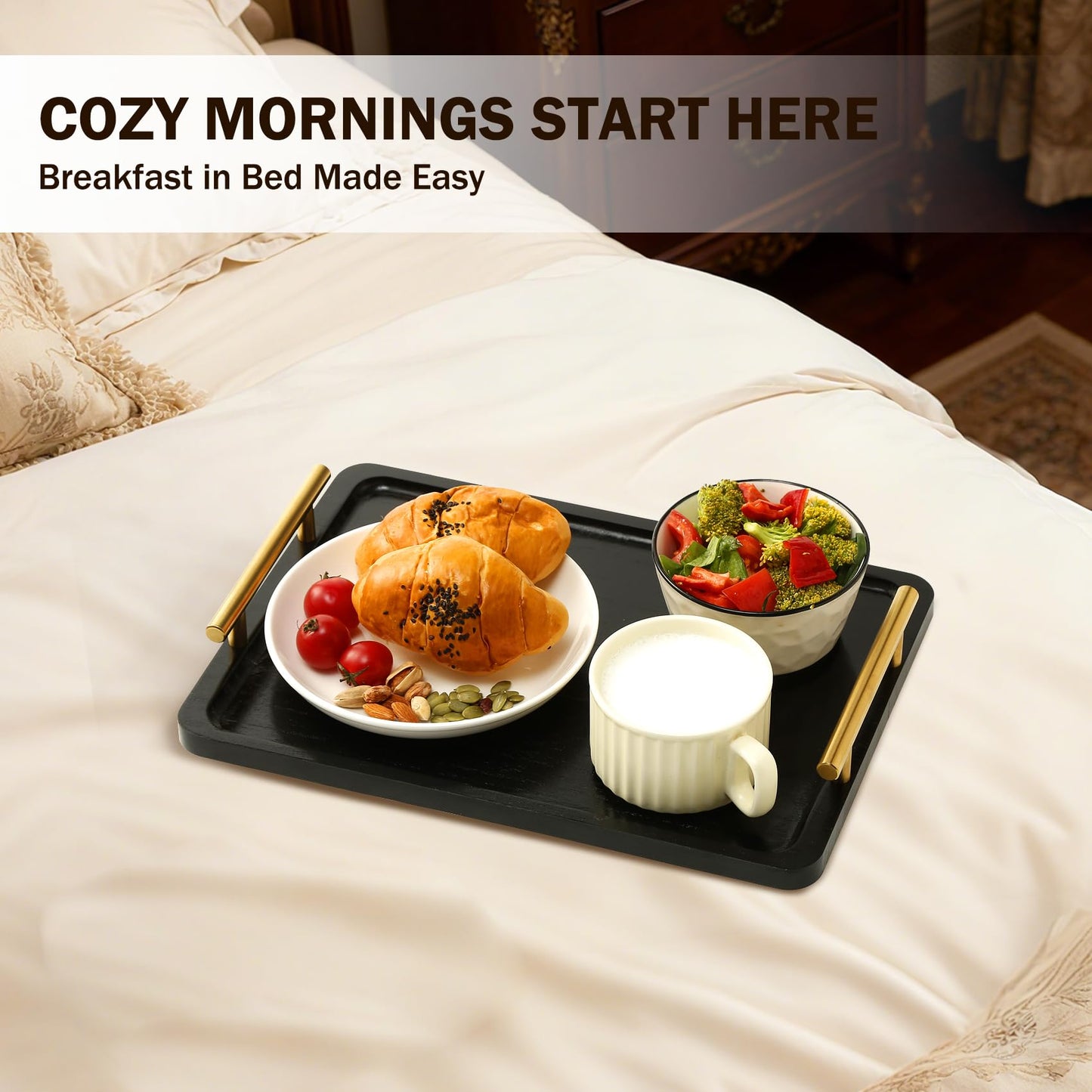 PEKER Wooden Serving Tray with Metal Handles, Black Decorative Coffee Table Tray for Breakfast in Bed, Ottoman & Home Décor, Wooden Food Tray for Kitchen, Living Room & Dining Table
