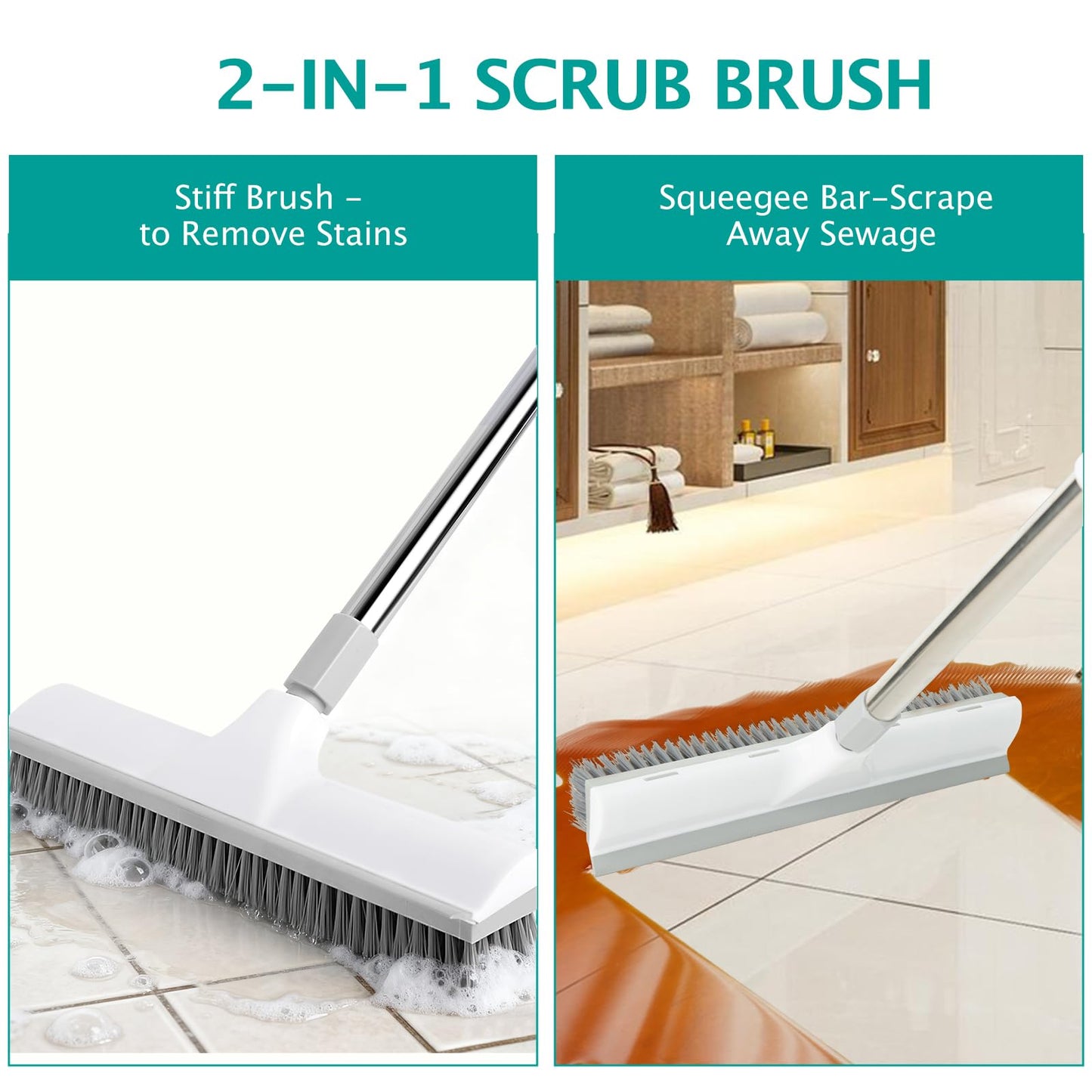 XXFLOWER Floor Brush, 2-in-1 Scraping Brush,with 59.8" Long-Handled Adjustable Floor Brush, Suitable for Cleaning Kitchen, Bedroom, Shower Room, Floor, Tile Patios, Outdoor Patio, Terrace (White)