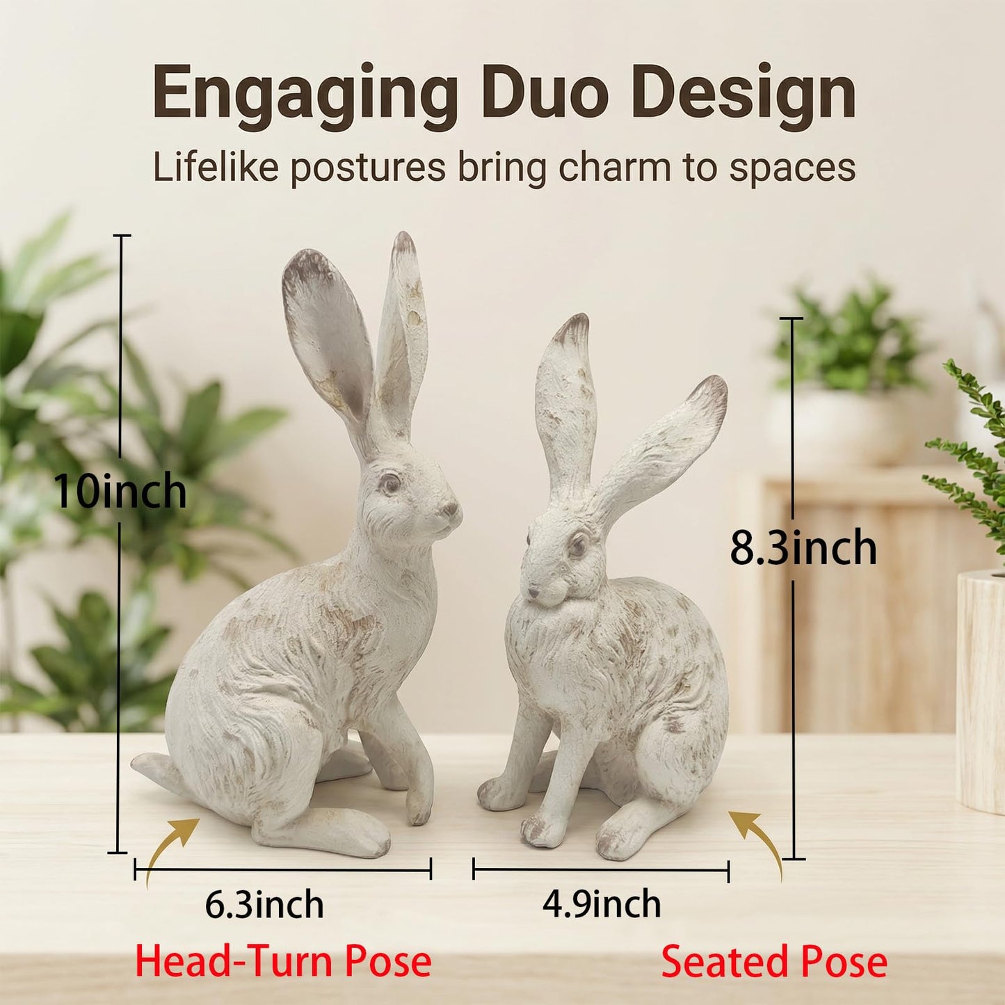 YimiBloss Easter Bunny Decorations Set of 2, 10 Inch Large Distressed Resin Rabbit Figurines, Spring Home Decor for Outdoor, Yard, Garden, Table，Farmhouse & Rustic Bunny Statues Decor Gifts (Large)