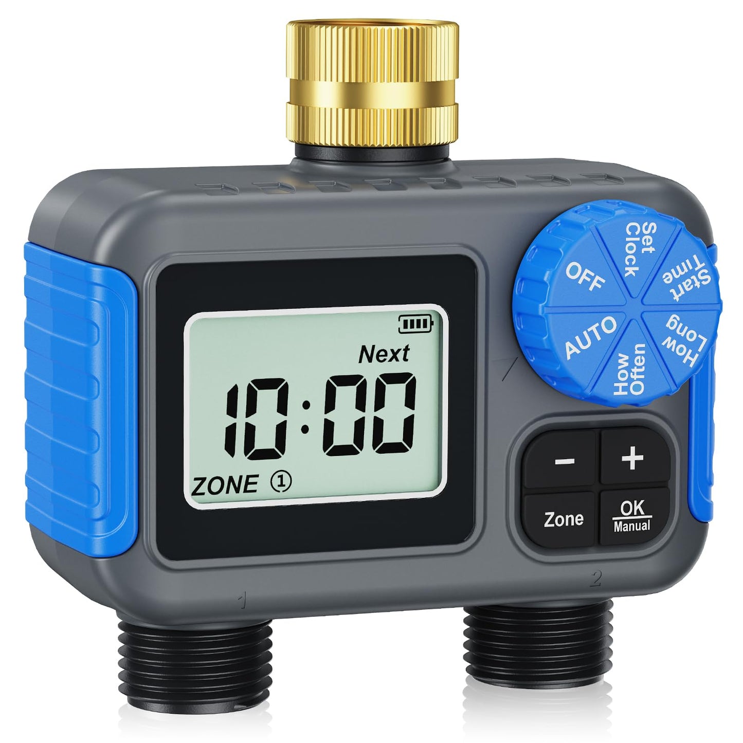 Grillum Sprinkler Timer with Brass Swivel, 2 Zone Hose Timers for Watering, Digital Irrigation Timer with Rain Delay & Manual Mode, Automatic Watering System for Outdoor Garden Lawn Yard