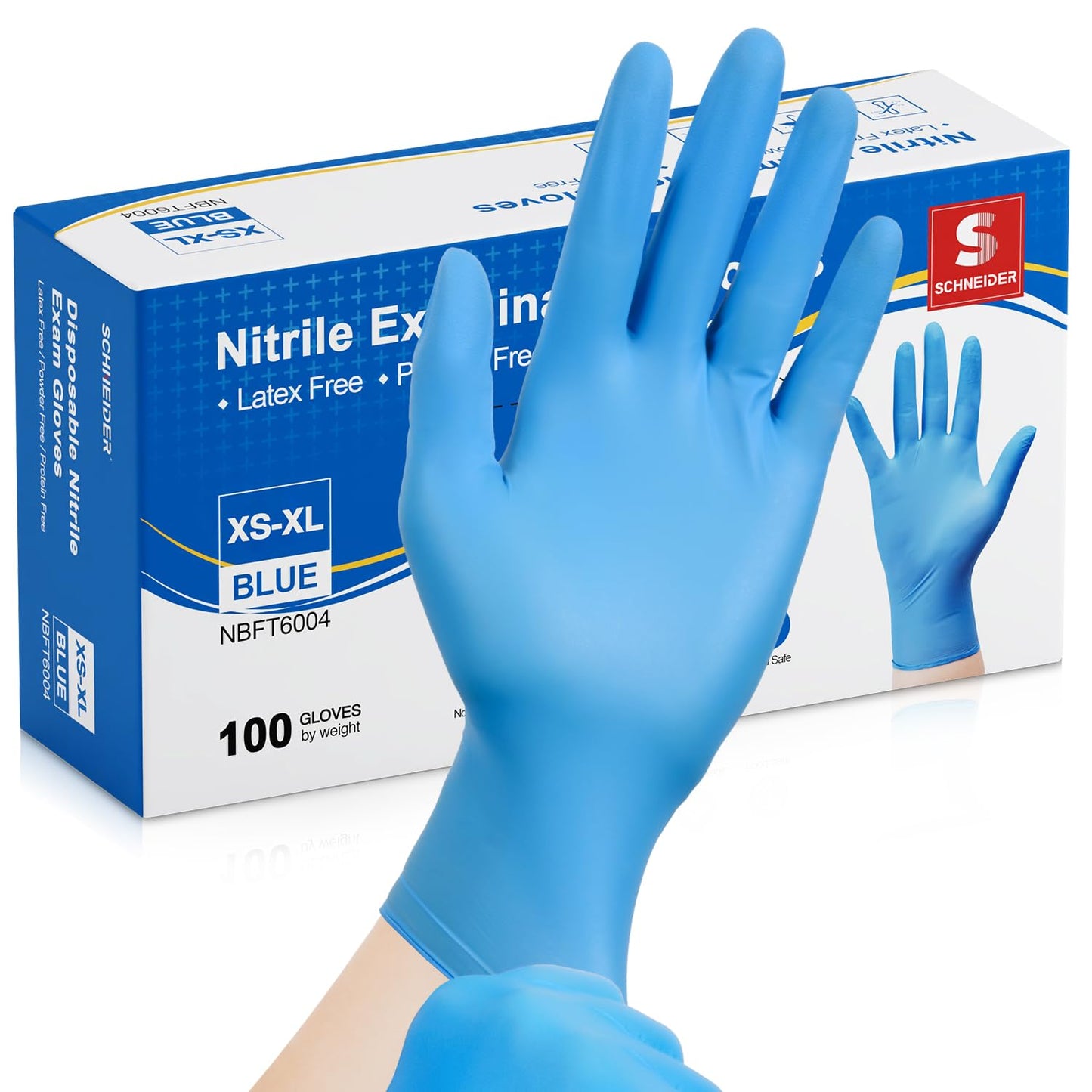 Schneider Nitrile Exam Gloves - M, 100-ct Box, Medical Grade Blue Disposable Gloves Latex Free, Rubber Glove for Cleaning, Cooking, Food Prep