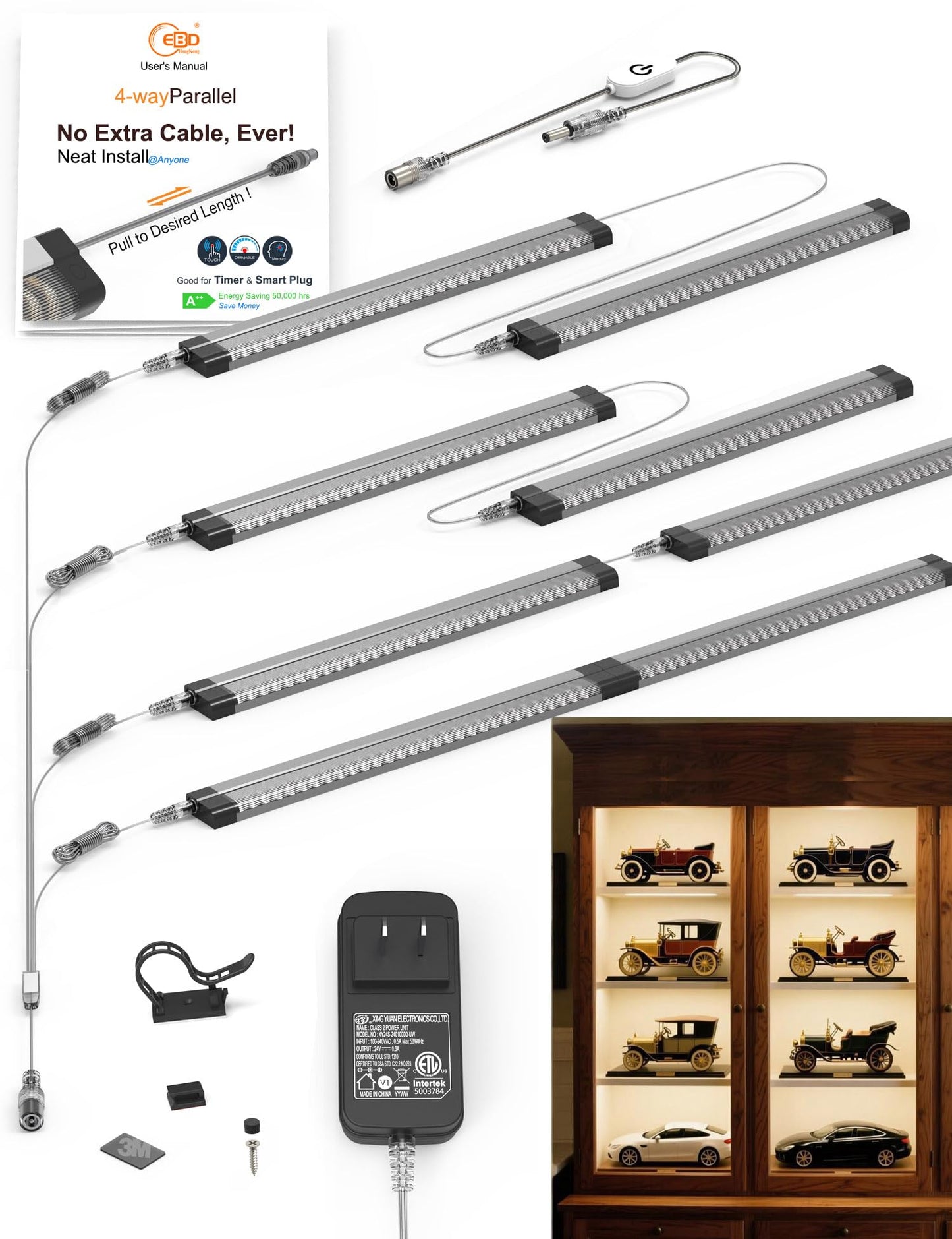 EBD LED Shelf Lights for Bookshelf 4-Way 48” Splitter Parallel Under Cabinet Lighting Built-in Adjustable Cable Kitchen Counter Lights Bar 8 Panels Display Lights Energy 3600Lm 4500K Closet Light