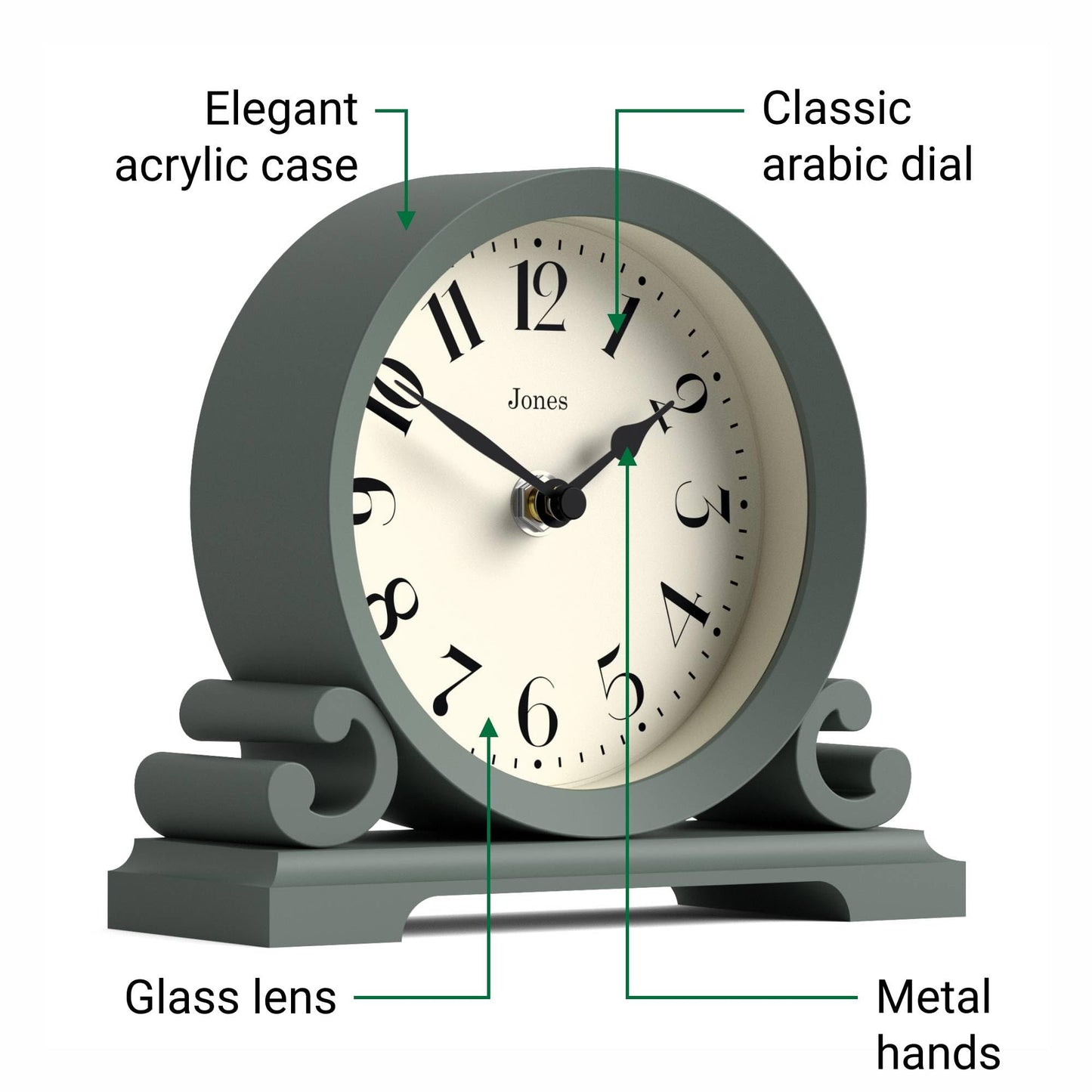 JONES CLOCKS® Saloon Mantel Clock | Small Traditional Double Scroll Design | Green | Contemporary Classic Style for Desk, Table, Shelf or Bedside