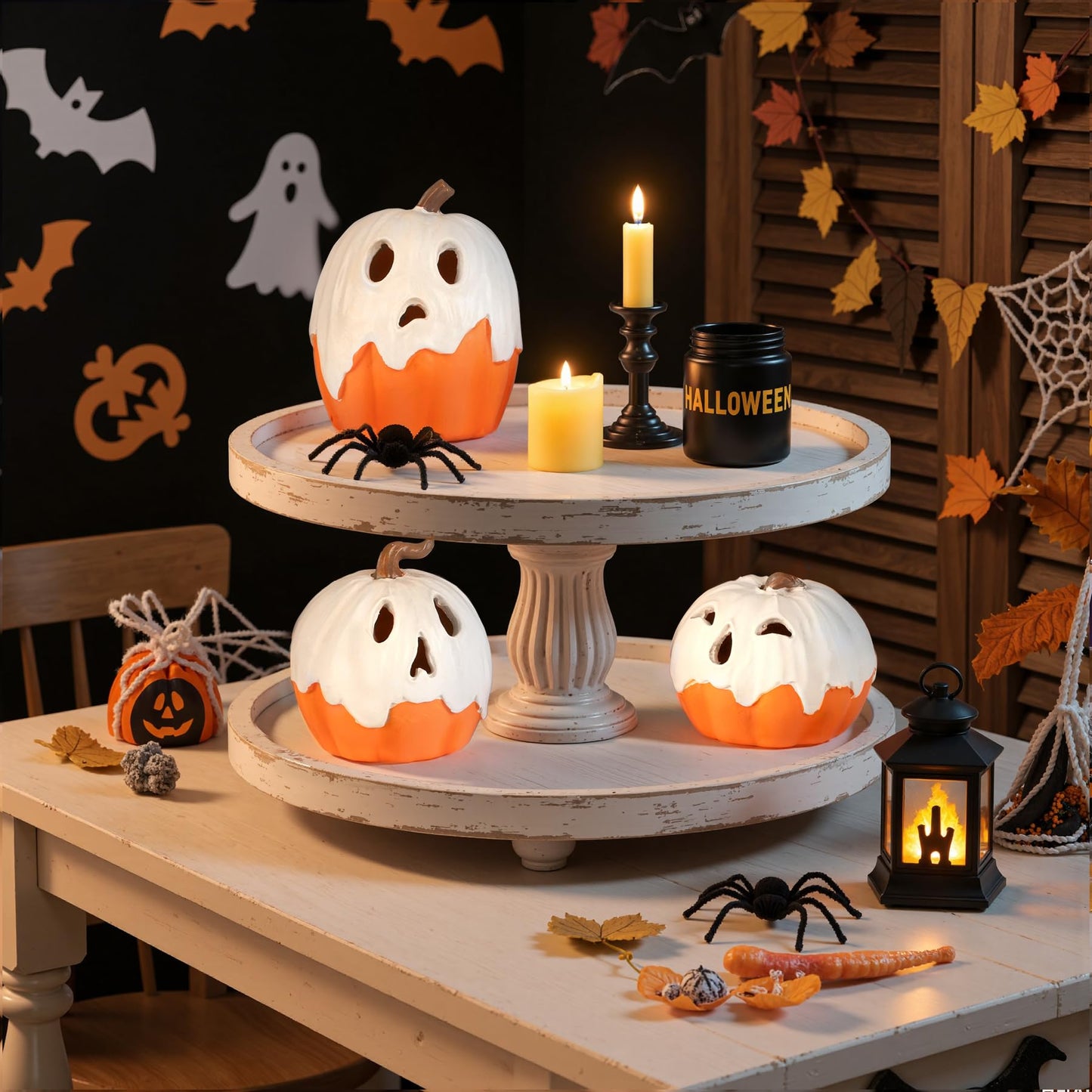Halloween Decorations,Light Up Ghost Pumpkin Decorations Set of 3,Cute Halloween Decor Indoor for Kitchen Tabletop Mantel Party Home Decor