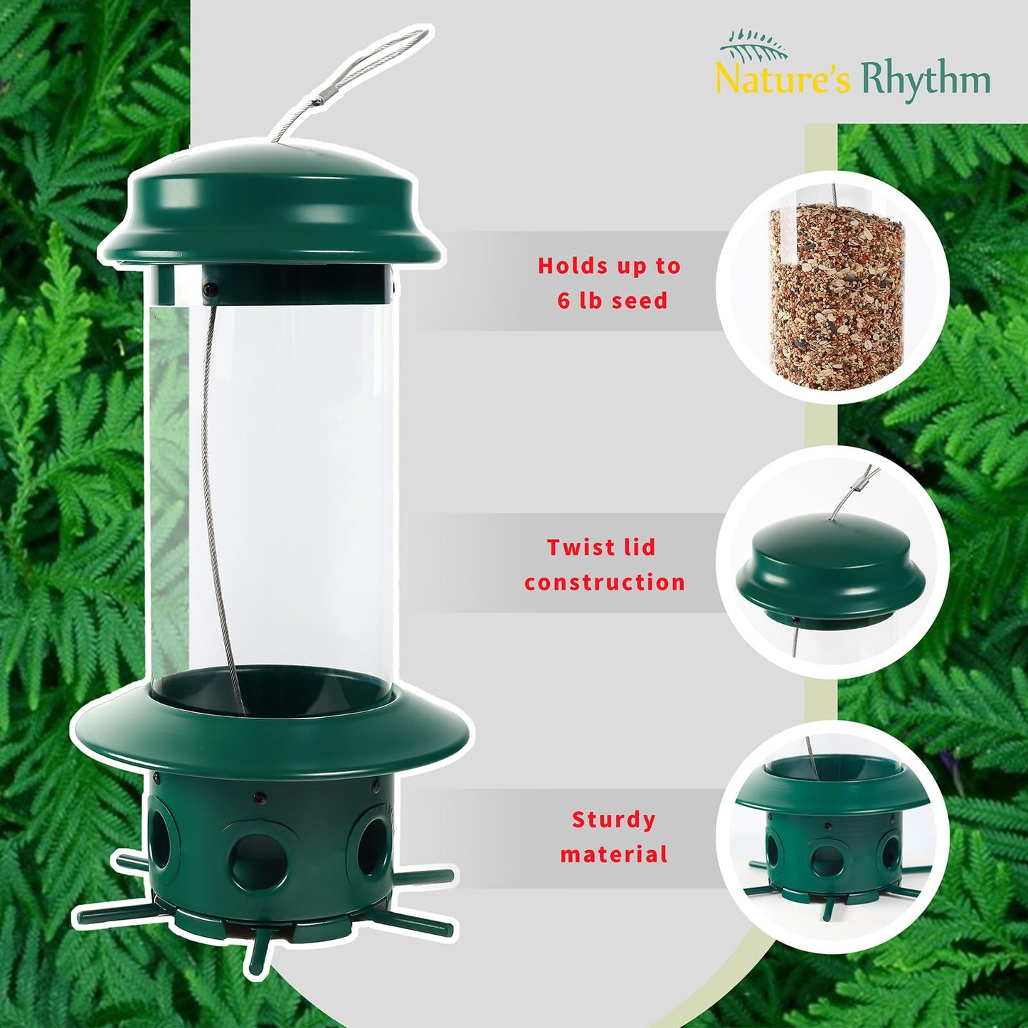 Nature's Rhythm Hanging Classic Tube Wild Bird Feeder Premium Hard Plastic Steel Hanger Weatherproof and Water Resistant