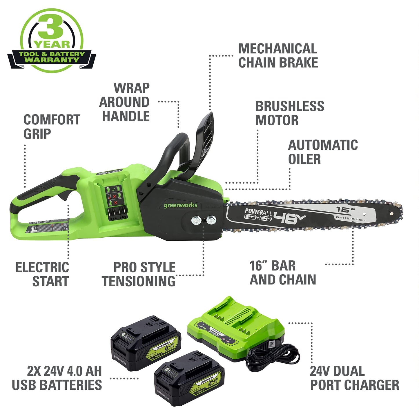 Greenworks 48V (24V x 2 ) 16" Brushless Cordless Chainsaw (Great For Tree Felling, Limbing, Pruning, and Firewood / 200+ Compatible Tools), (2) 4.0Ah Batteries and Dual Port Rapid Charger Included
