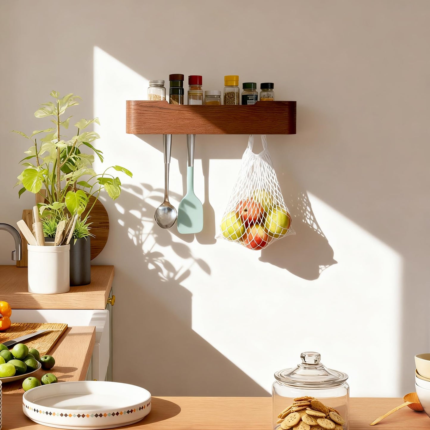 Coat Rack Wall Mount with Shelf Entryway Shelf Modern Key Holder Hanger Wall Shelves with Hidden Hooks for Hanging Towels Coats Hats Bags for Hallway Bathroom Bedroom(Walnut Color, 4 Hooks)
