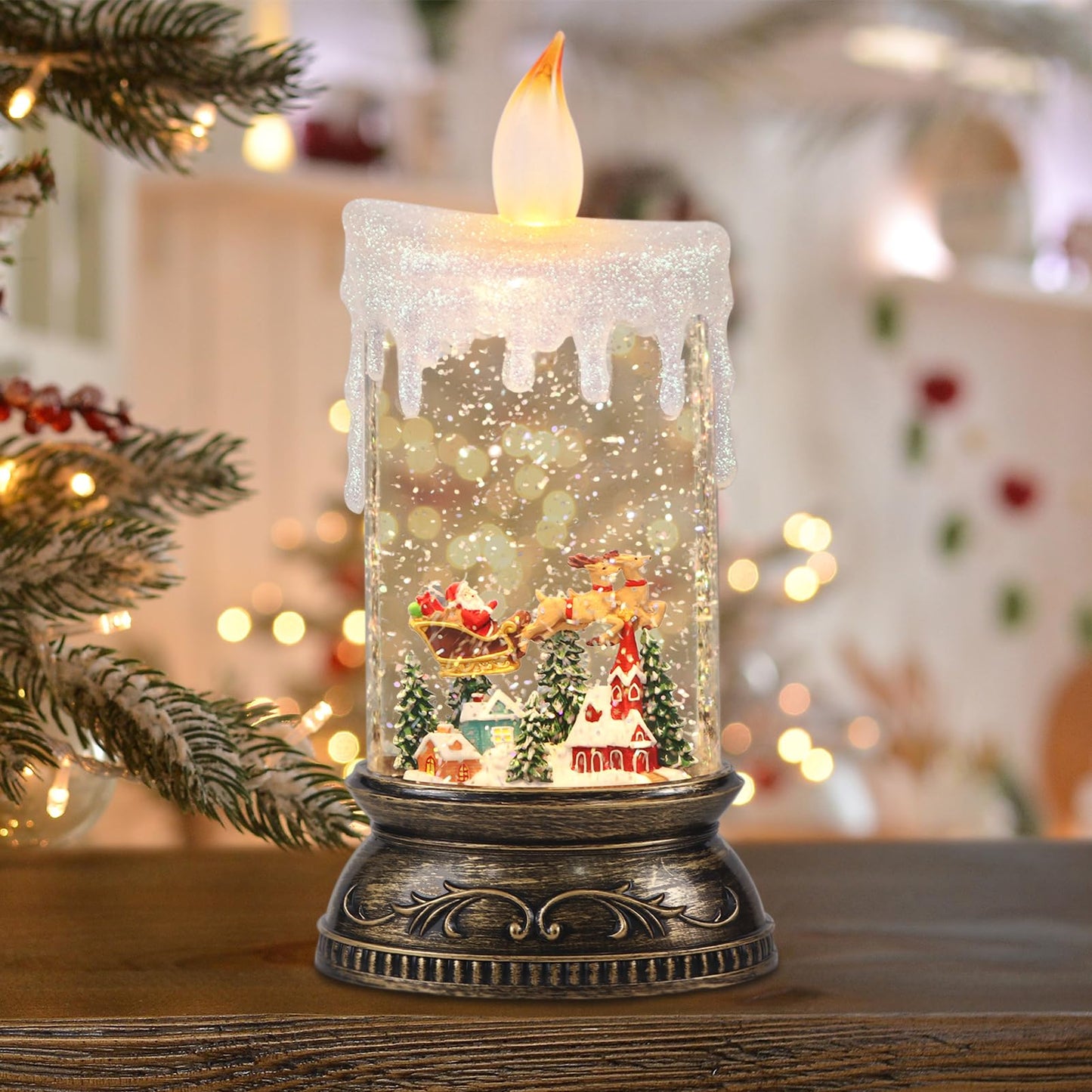 Wondise Rechargeable Musical Santa Claus Snow Globe Lantern with 6H Timer, Battery Operated USB Powered Lighted Singing Snow Globe Lamp Spinning Water Swirling Glitters Holiday Decor