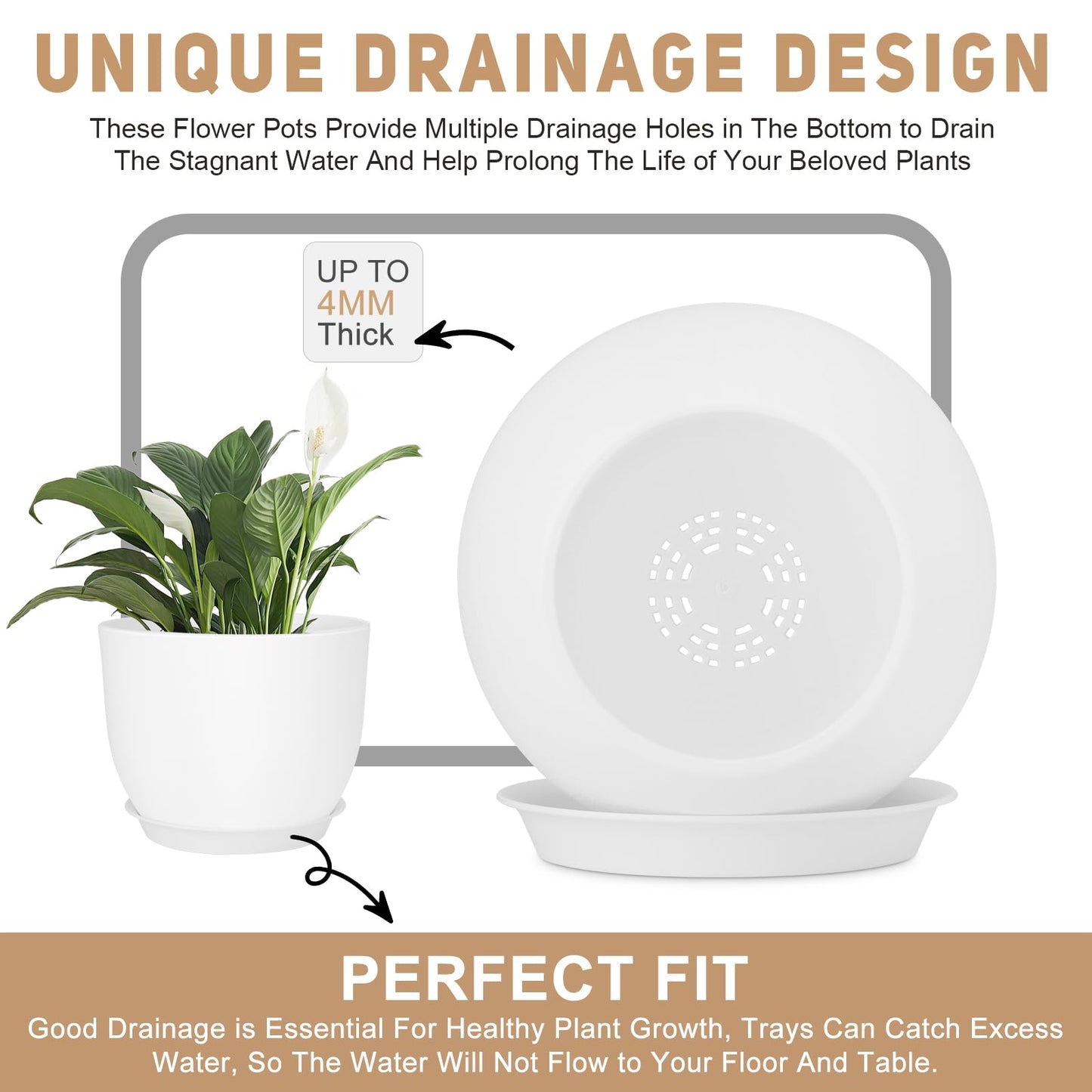 YNNICO Plant Pots 12/10/9 inch Set of 3, Flower Pots with Multi Mesh Drainage Holes, Large Planters for Indoor Outdoor Garden Plants and Flowers. (White)
