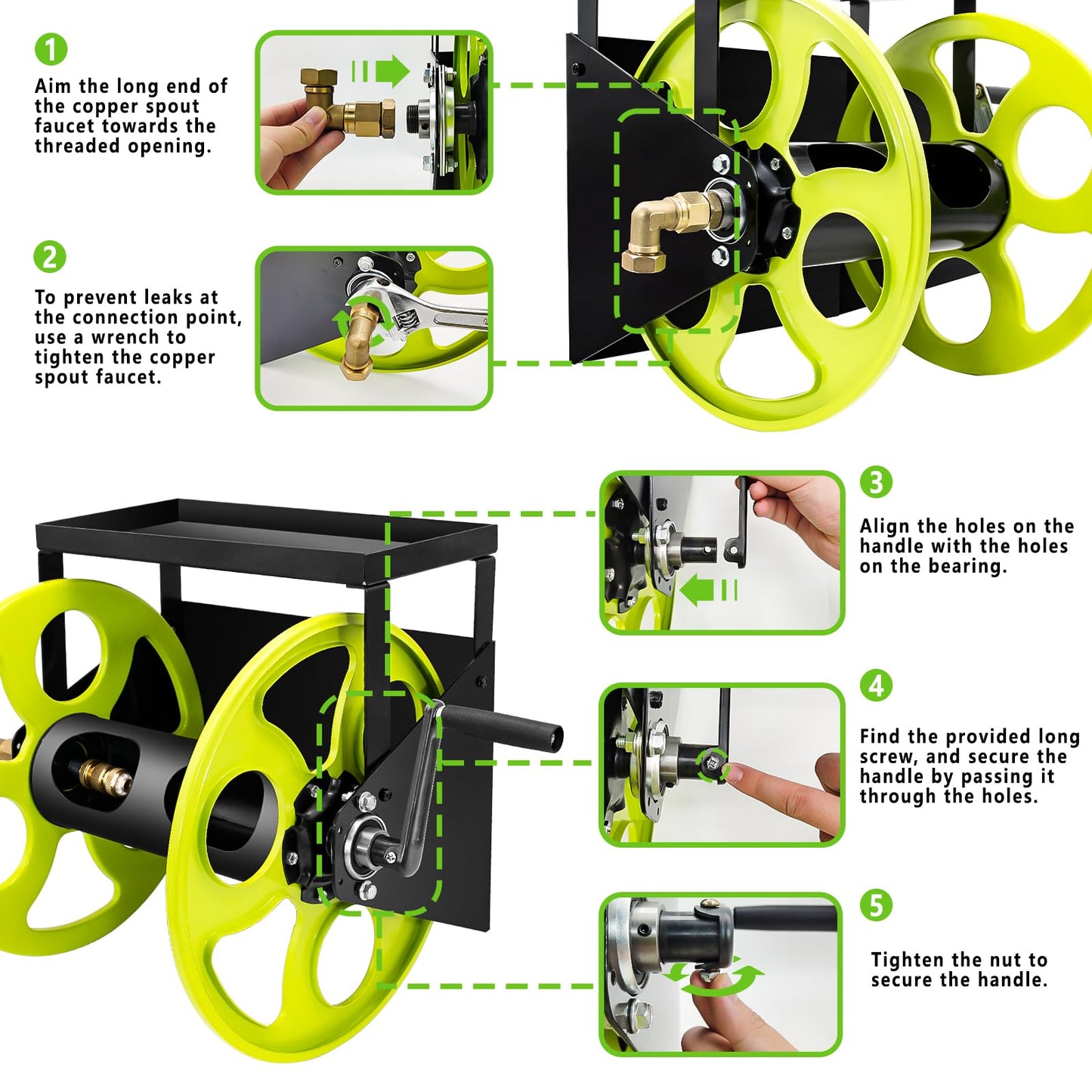 Stainless Steel Garden Hose Reel for 5/8" Hose Reel with Crank Handle Retractable ，Wall Mount Metal Hose Reel 3/4 in Brass Fitting ， Holds up to 120-FtHose with Storage Rack (Hose not included）