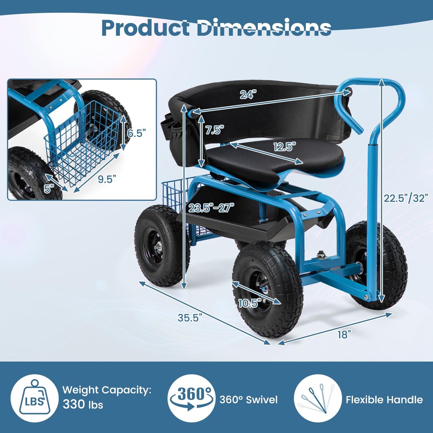 ERGOMASTER Rolling Garden Seat with Wheels, Adjustable 360° Swivel Workseat and Storage Basket, Extendable Handle, Outdoor Gardening Wagon Scooter, Blue